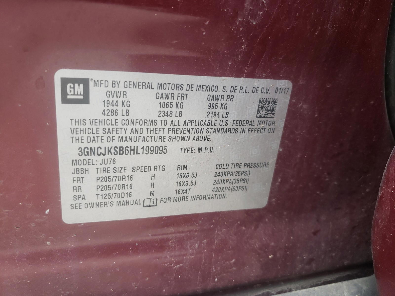 Photo 10 from auction – 2017 CHEVROLET TRAX LS with VIN 3GNCJKSB6HL199095