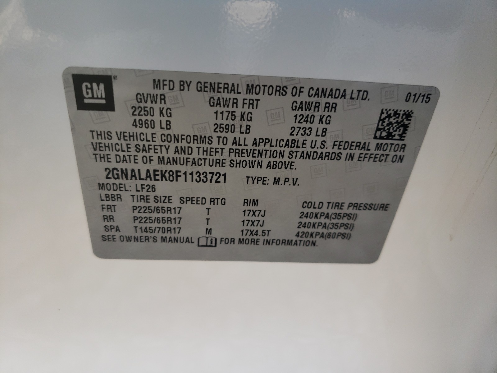 Photo 10 from auction – 2015 CHEVROLET EQUINOX LS with VIN 2GNALAEK8F1133721