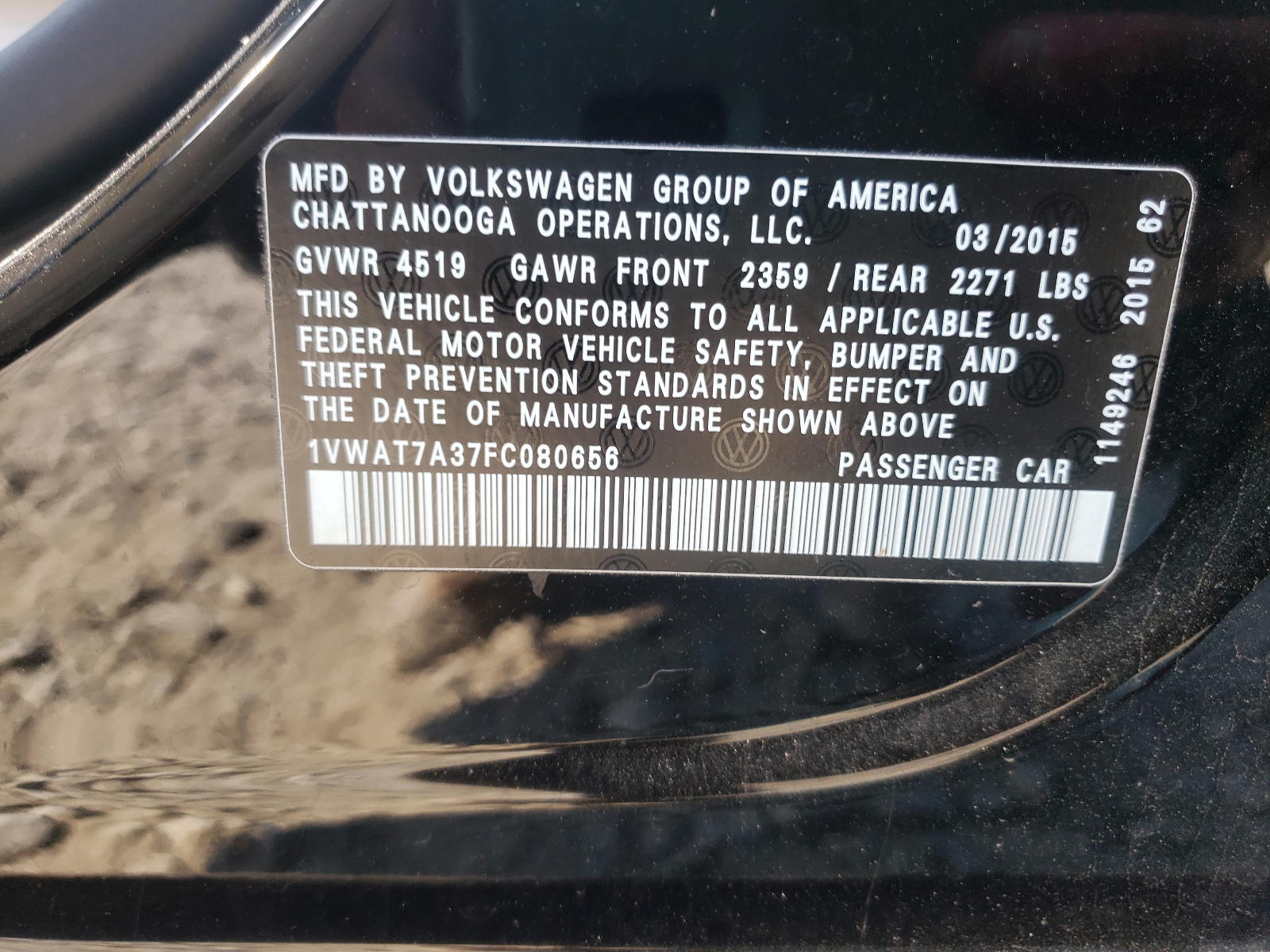 Photo 10 from auction – 2015 VOLKSWAGEN PASSAT S with VIN 1VWAT7A37FC080656