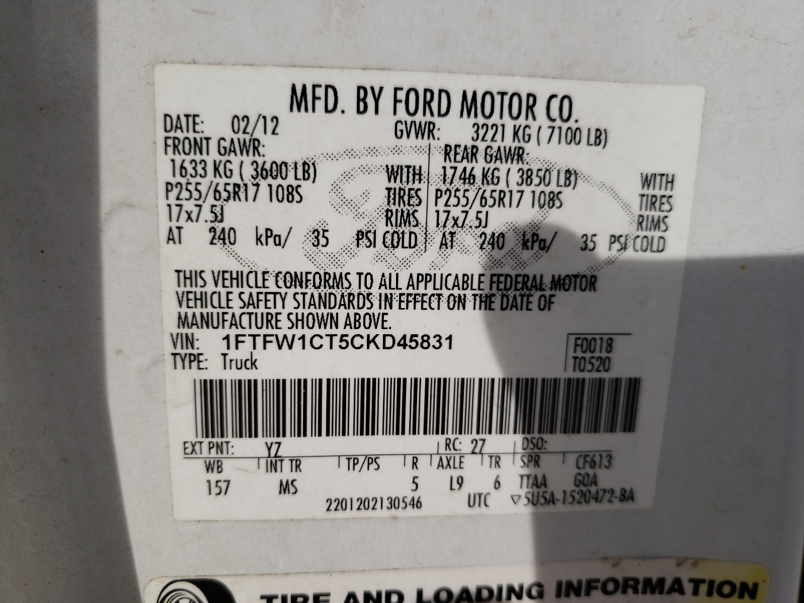 Photo 10 from auction – 2012 FORD F150 SUPER with VIN 1FTFW1CT5CKD45831