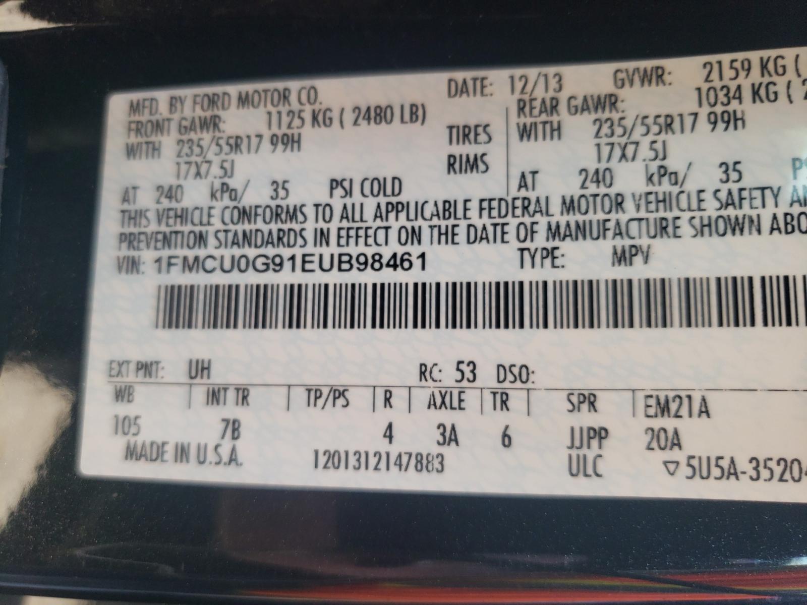 Photo 10 from auction – 2014 FORD ESCAPE SE with VIN 1FMCU0G91EUB98461
