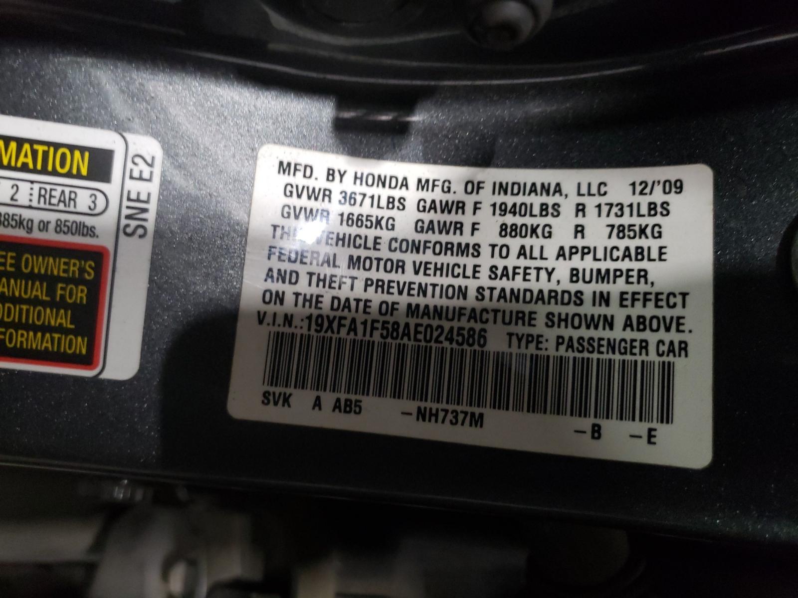 Photo 10 from auction – 2010 HONDA CIVIC LX with VIN 19XFA1F58AE024586