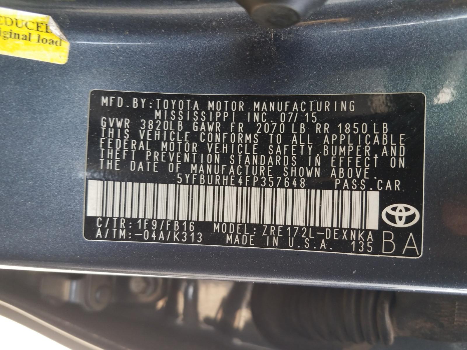 Photo 10 from auction – 2015 TOYOTA COROLLA L with VIN 5YFBURHE4FP357648