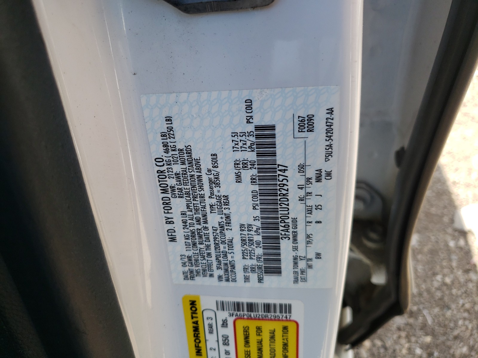 Photo 10 from auction – 2013 FORD FUSION SE with VIN 3FA6P0LU2DR295747