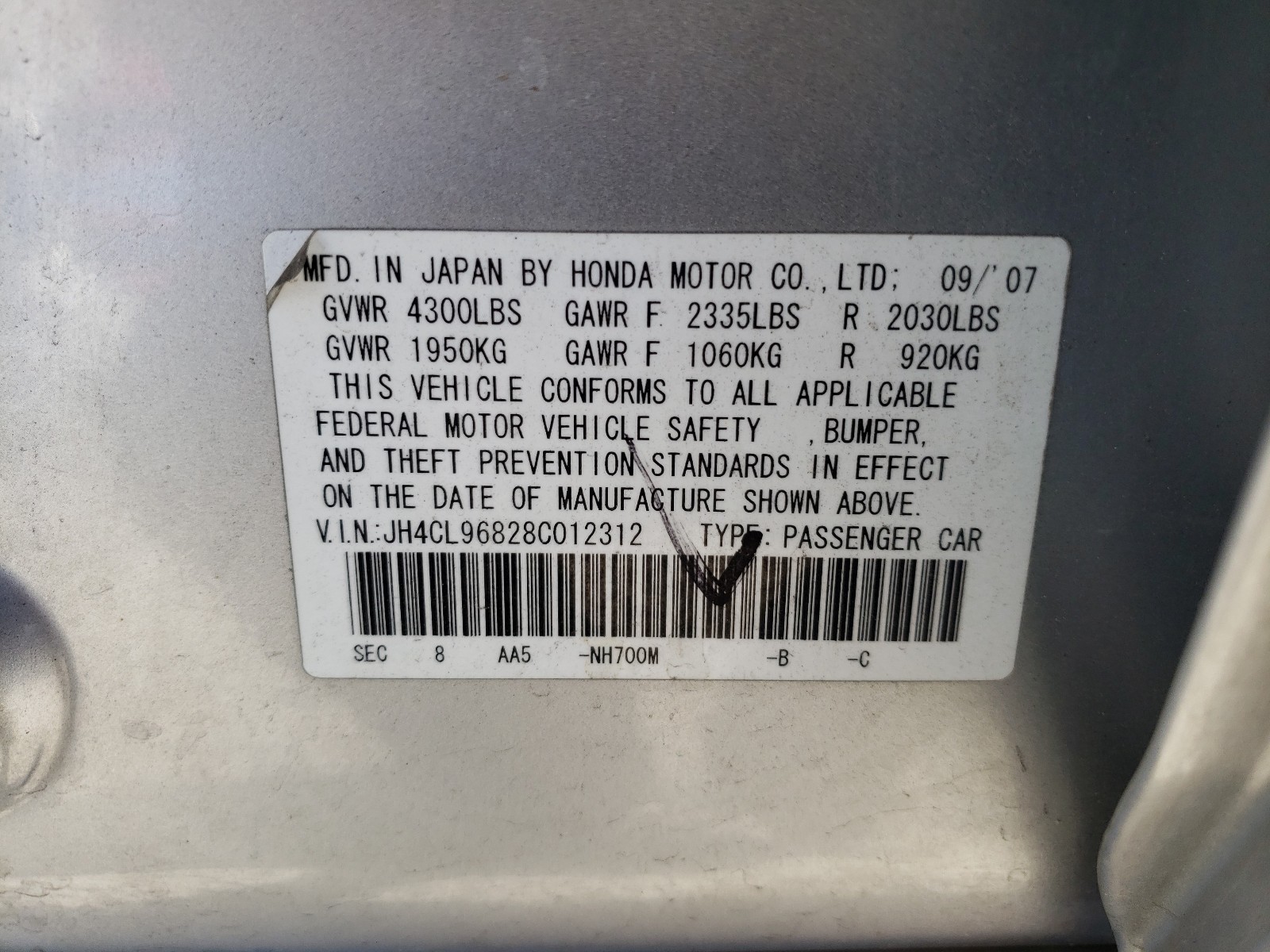 Photo 10 from auction – 2008 ACURA TSX with VIN JH4CL96828C012312