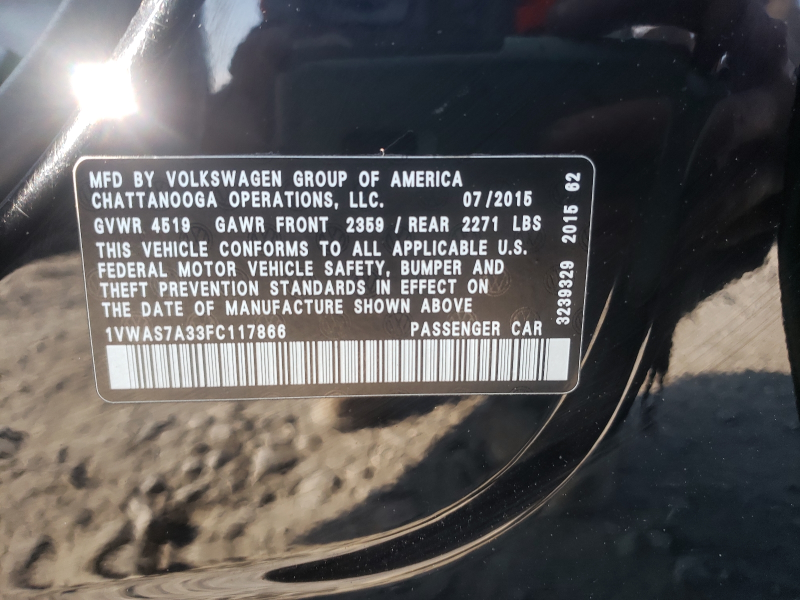 Photo 10 from auction – 2015 VOLKSWAGEN PASSAT S with VIN 1VWAS7A33FC117866
