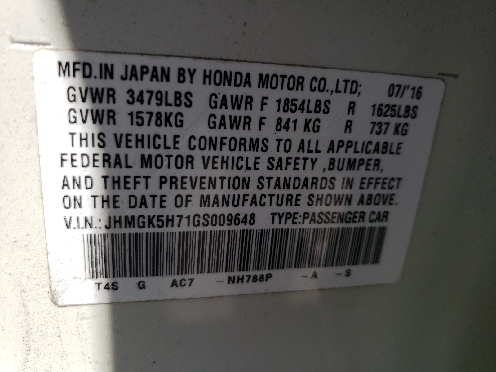 Photo 10 from auction – 2016 HONDA FIT EX with VIN JHMGK5H71GS009648