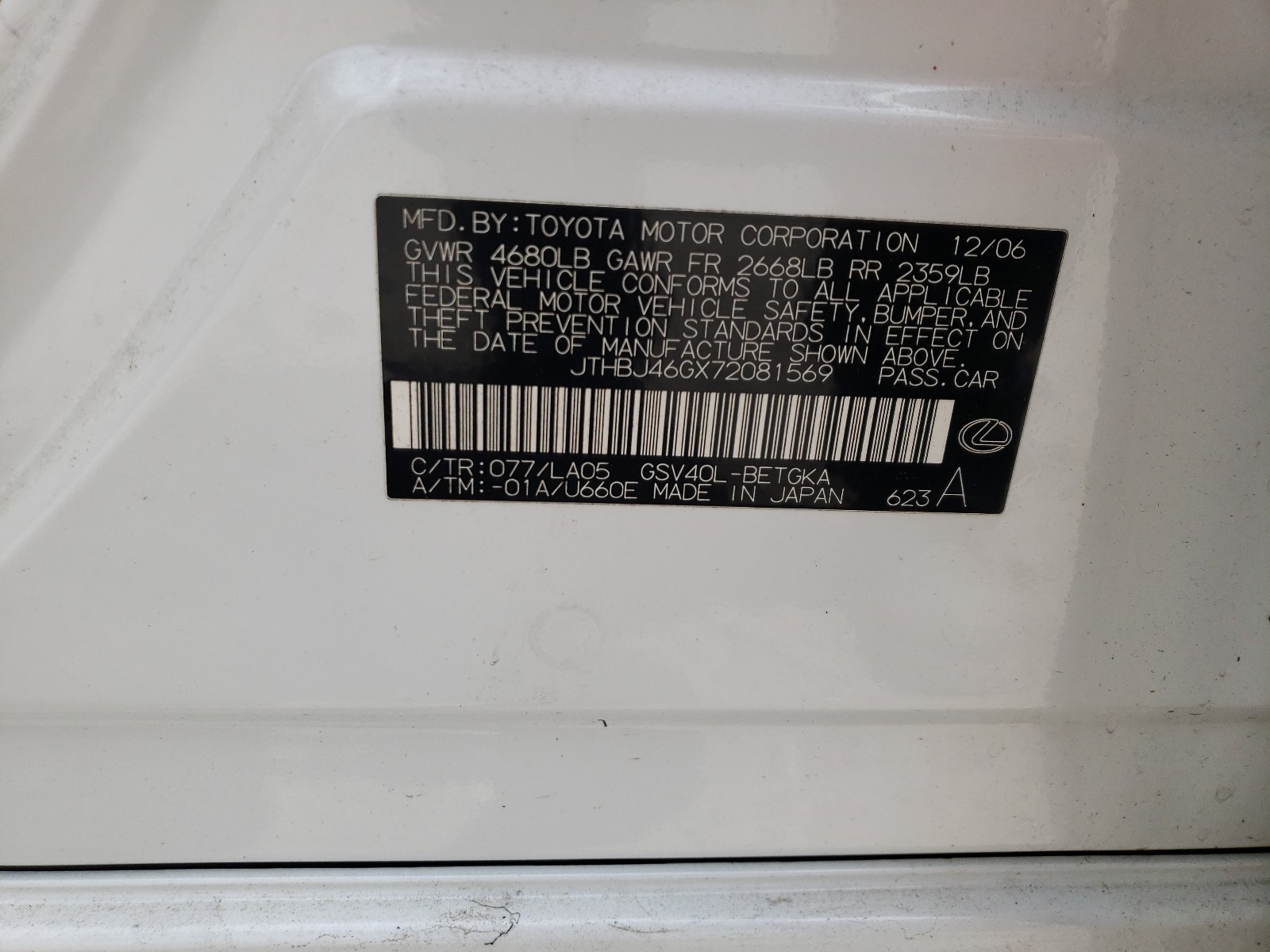 Zdjęcie 10 z aukcji – 2007 LEXUS ES 350 z VIN JTHBJ46GX72081569