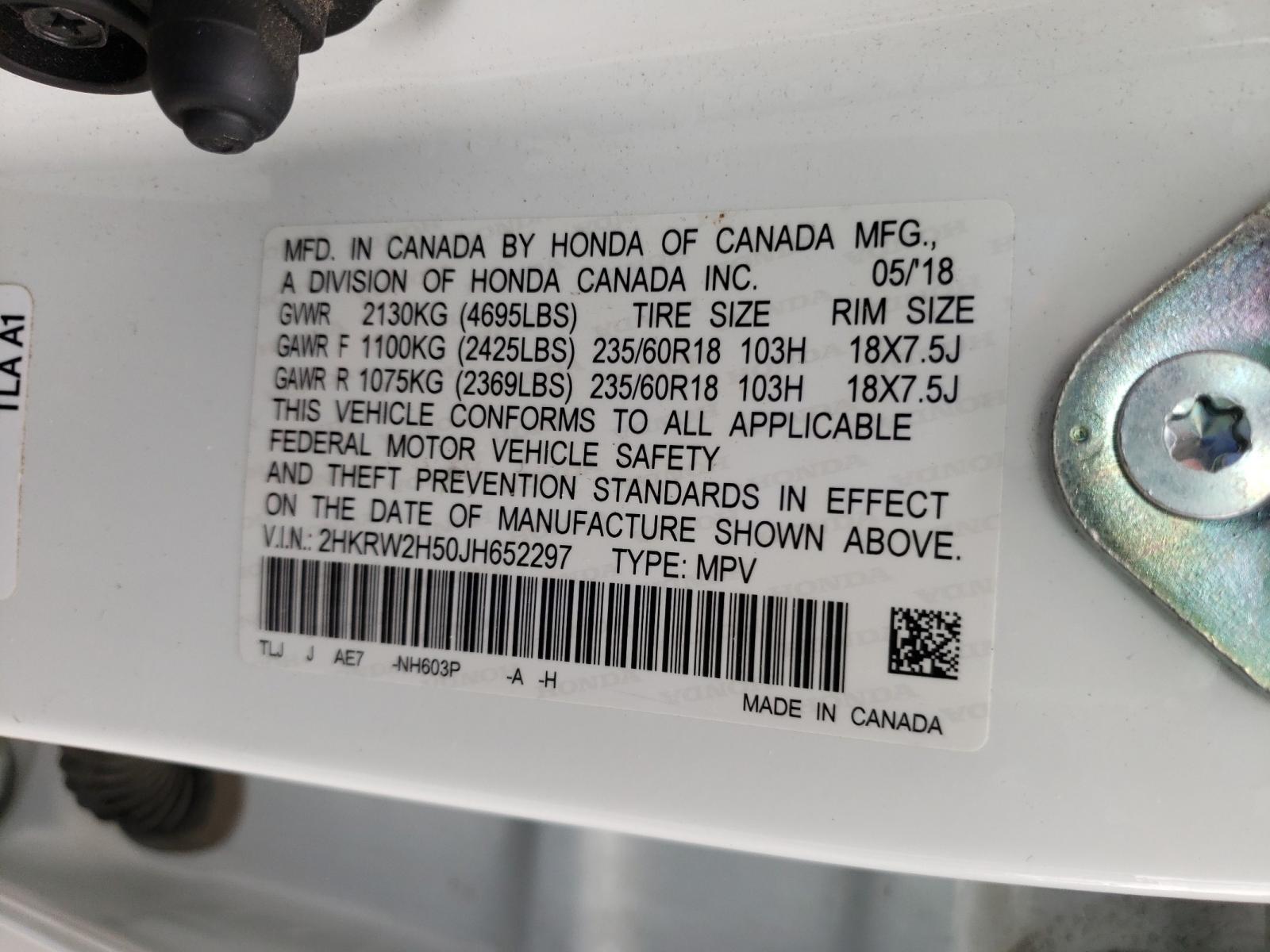 Photo 10 from auction – 2018 HONDA CR-V EX with VIN 2HKRW2H50JH652297