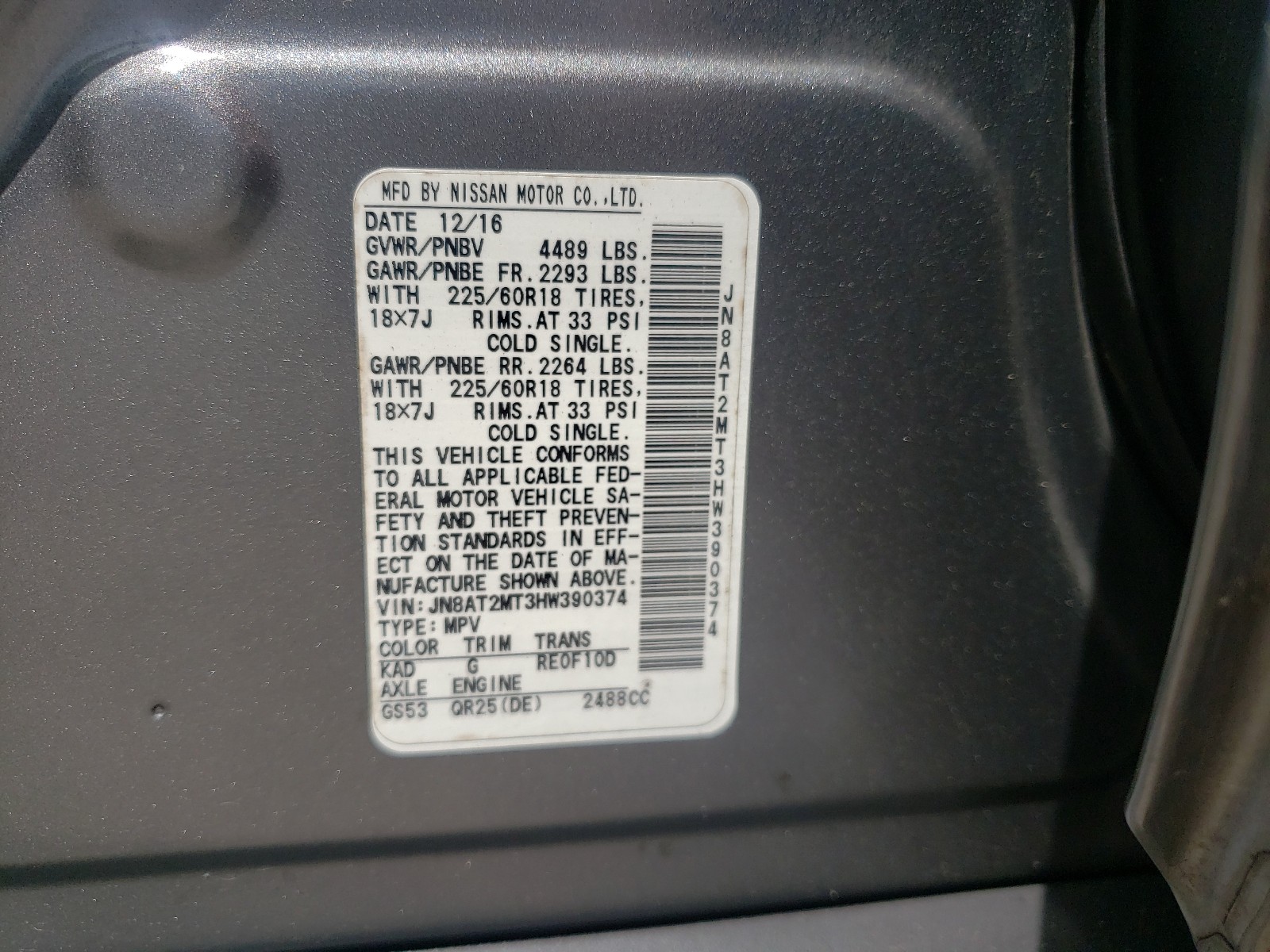 Photo 10 from auction – 2017 NISSAN ROGUE with VIN JN8AT2MT3HW390374