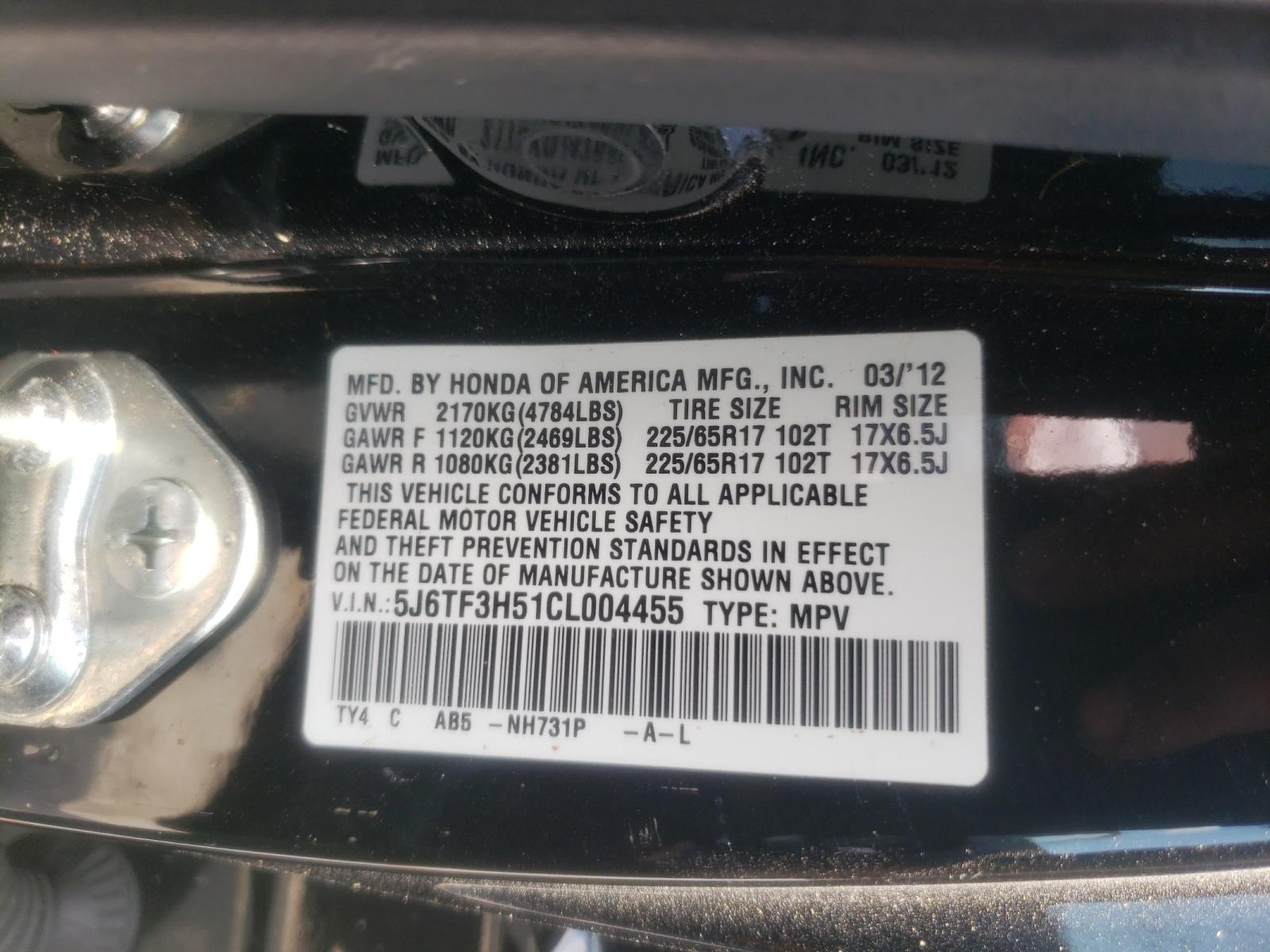 Photo 10 from auction – 2012 HONDA CROSSTOUR with VIN 5J6TF3H51CL004455