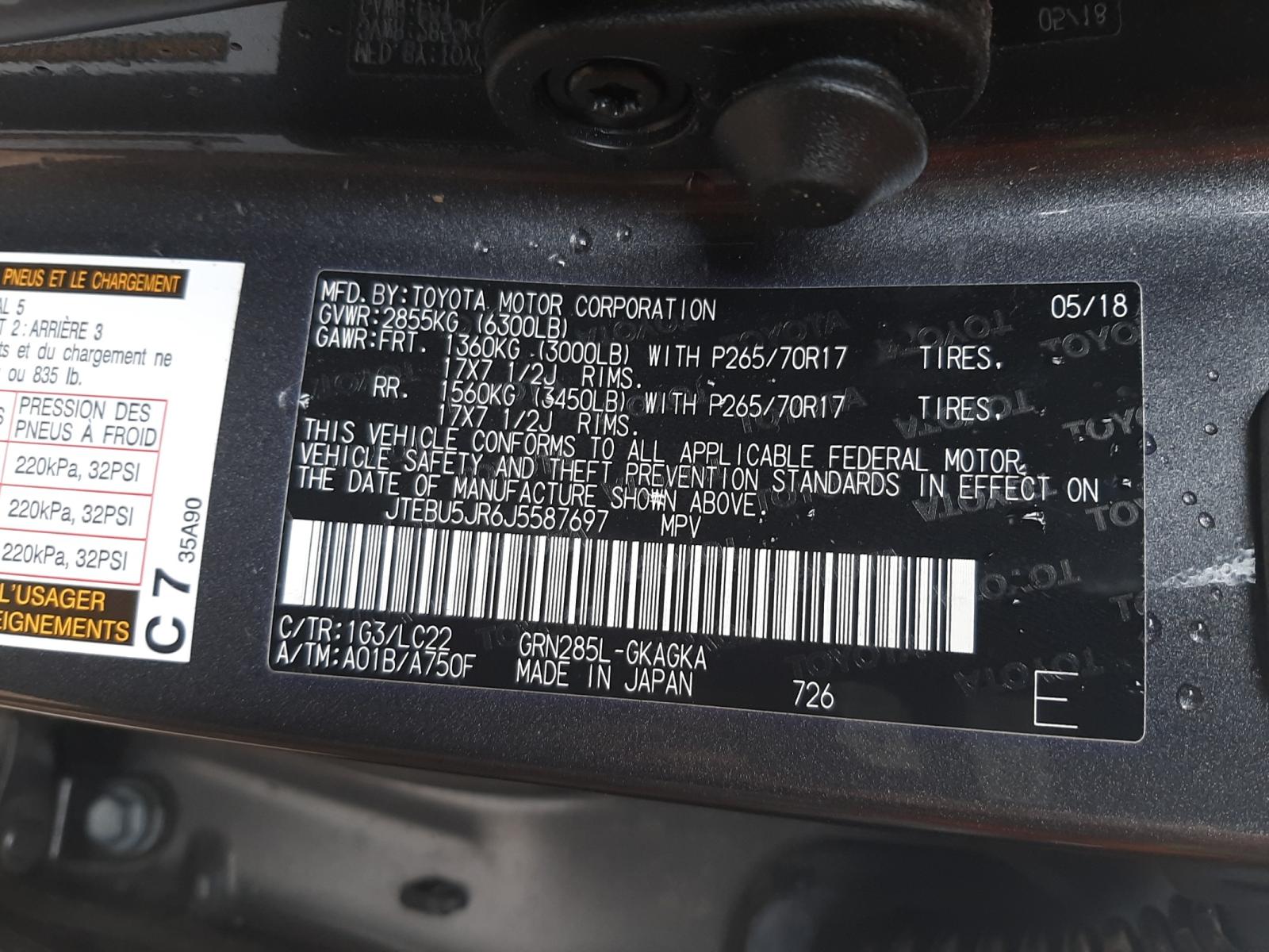 Photo 10 from auction – 2018 TOYOTA 4RUNNER SR with VIN JTEBU5JR6J5587697