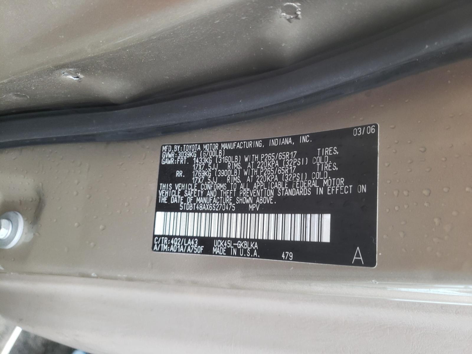 Photo 10 from auction – 2006 TOYOTA SEQUOIA LI with VIN 5TDBT48AX6S270475