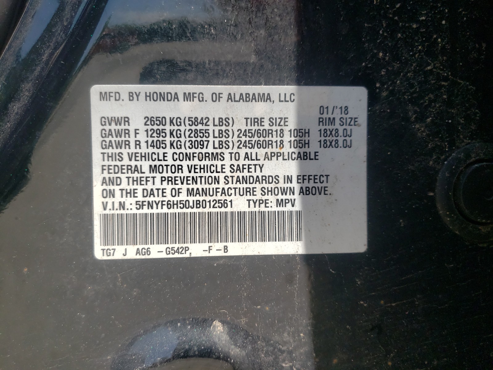 Photo 10 from auction – 2018 HONDA PILOT EXL with VIN 5FNYF6H50JB012561