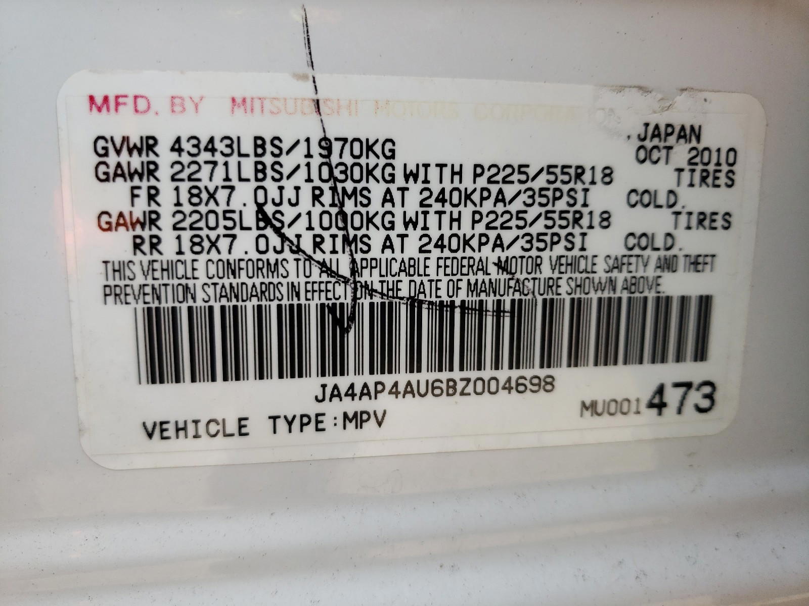 Photo 10 from auction – 2011 MITSUBISHI OUTLANDER with VIN JA4AP4AU6BZ004698