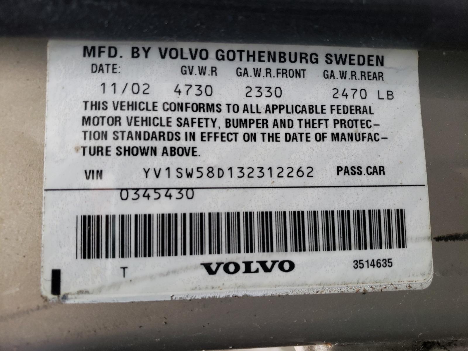 Photo 10 from auction – 2003 VOLVO V70 2.4T with VIN YV1SW58D132312262