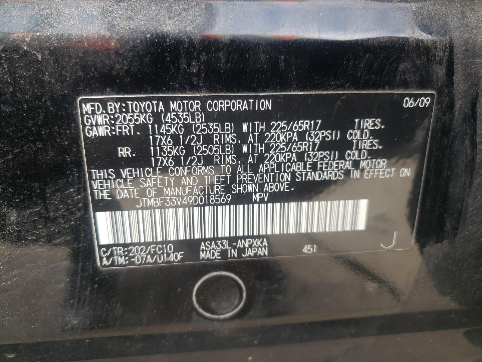 Photo 10 from auction – 2009 TOYOTA RAV4 with VIN JTMBF33V49D018569
