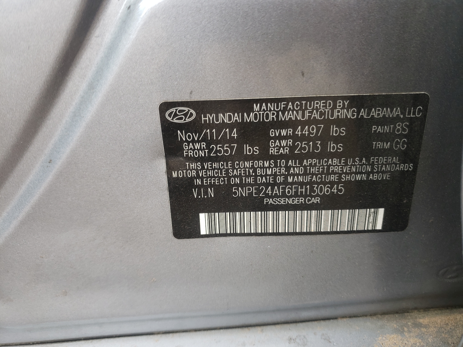 Photo 10 from auction – 2015 HYUNDAI SONATA SE with VIN 5NPE24AF6FH130645