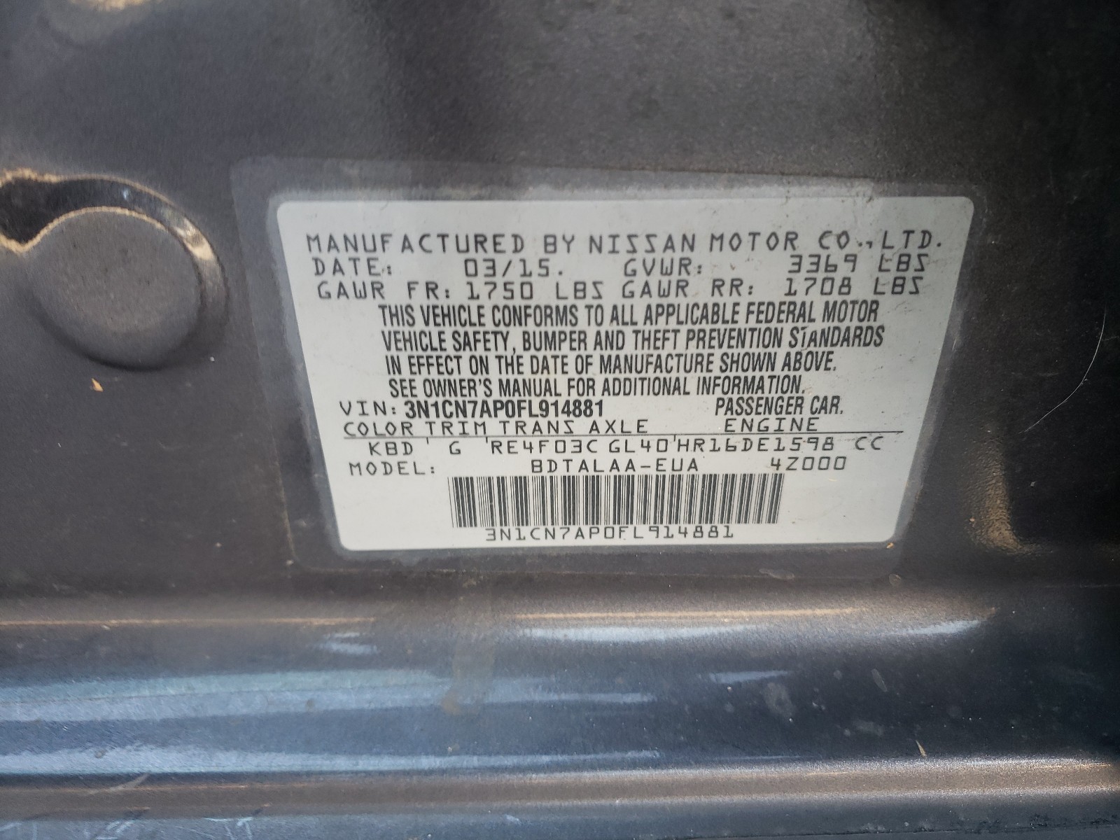 Photo 10 from auction – 2015 NISSAN VERSA S with VIN 3N1CN7AP0FL914881
