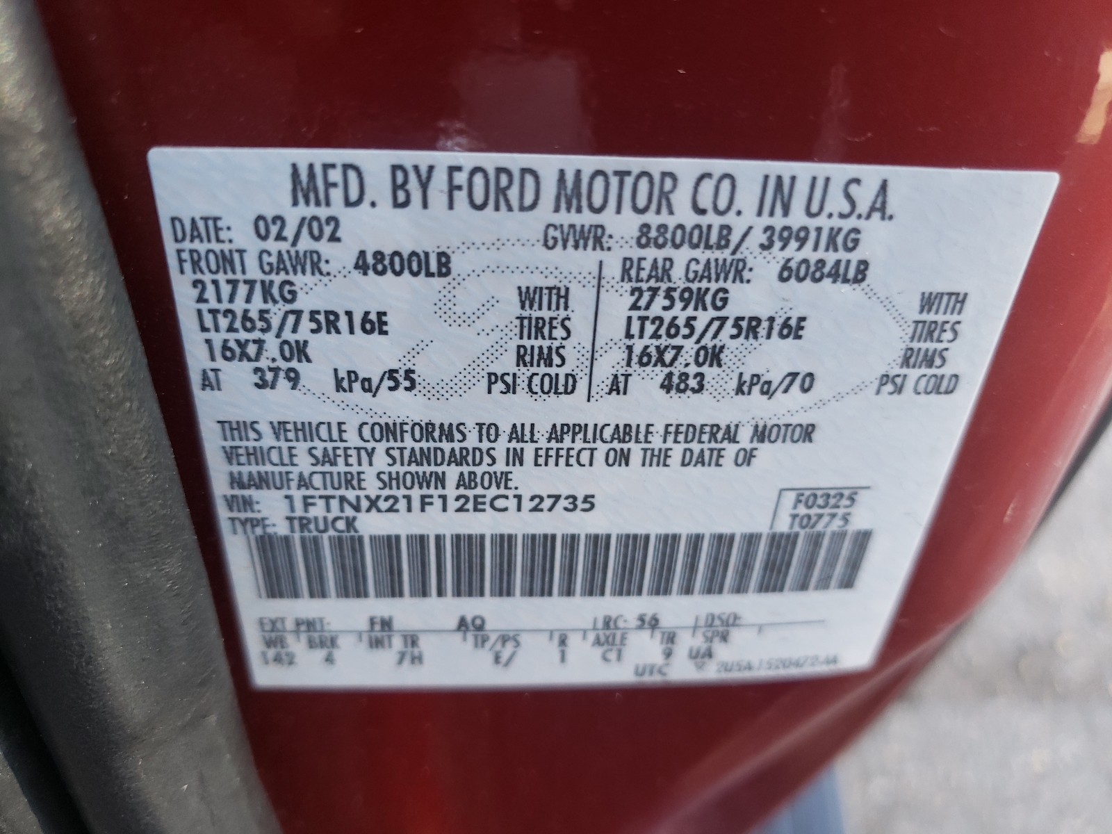 Photo 10 from auction – 2002 FORD F250 SUPER with VIN 1FTNX21F12EC12735