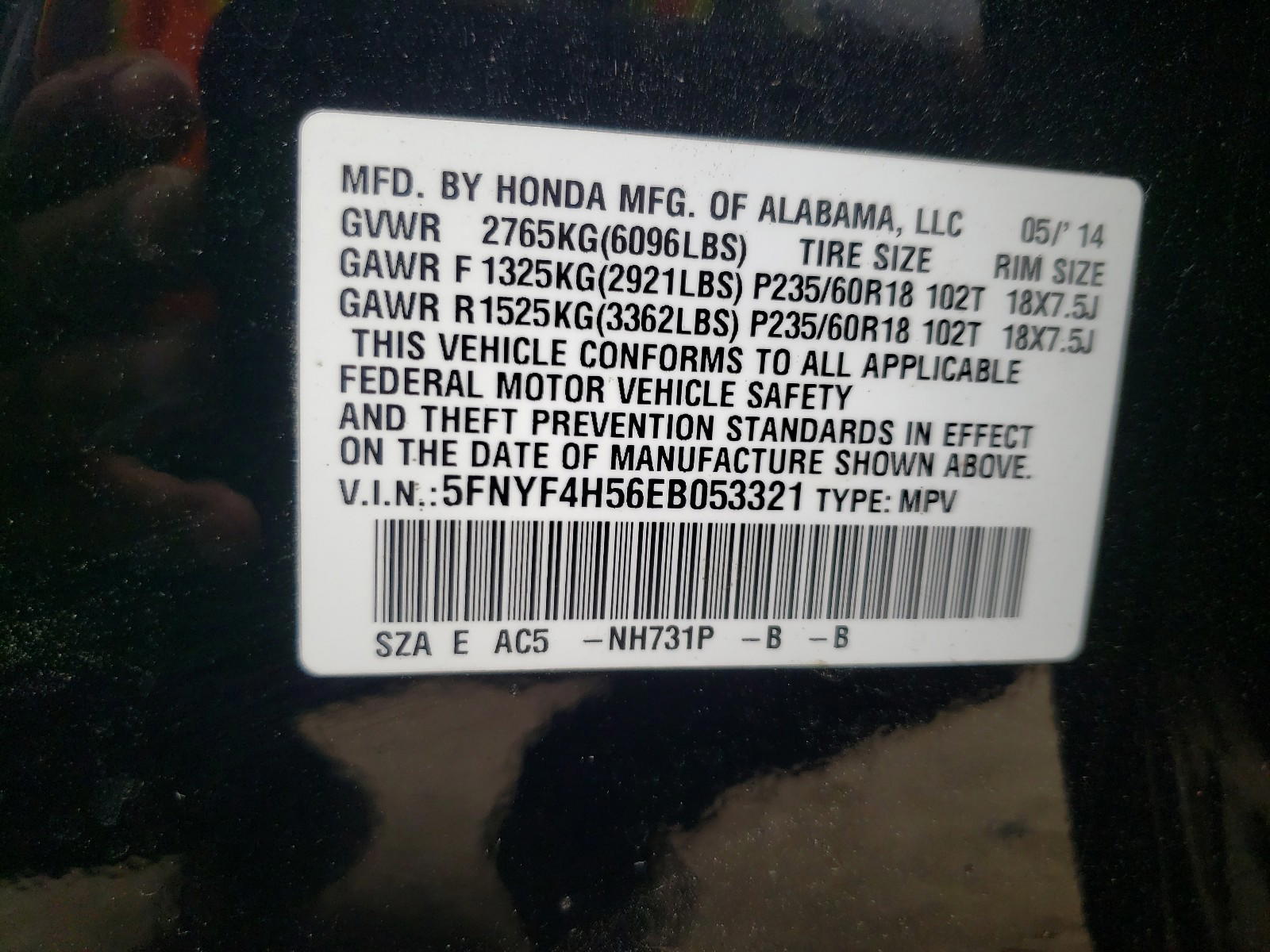 Photo 10 from auction – 2014 HONDA PILOT EXL with VIN 5FNYF4H56EB053321