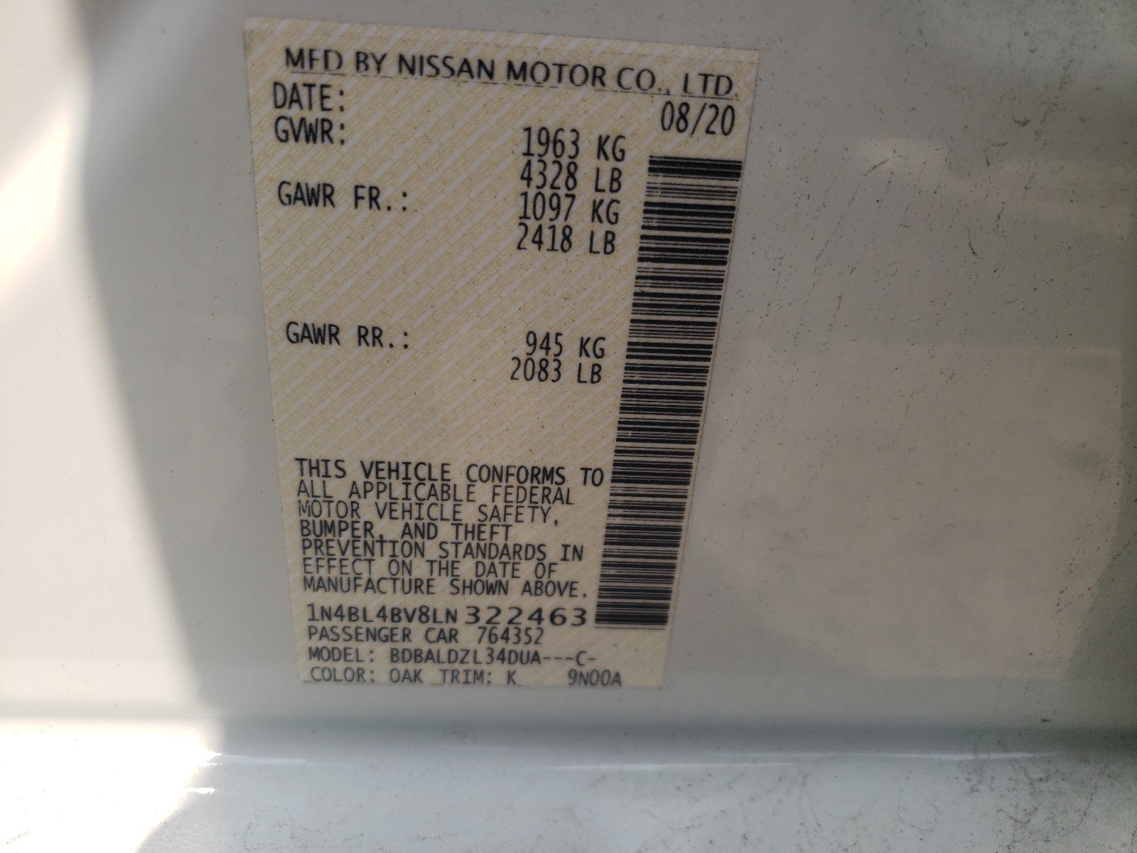Photo 10 from auction – 2020 NISSAN ALTIMA S with VIN 1N4BL4BV8LN322463