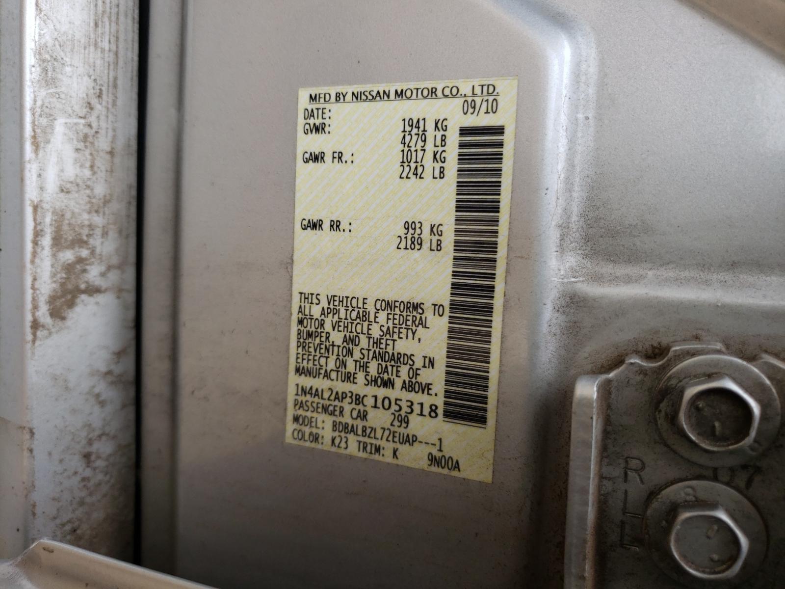 Photo 10 from auction – 2011 NISSAN ALTIMA BAS with VIN 1N4AL2AP3BC105318