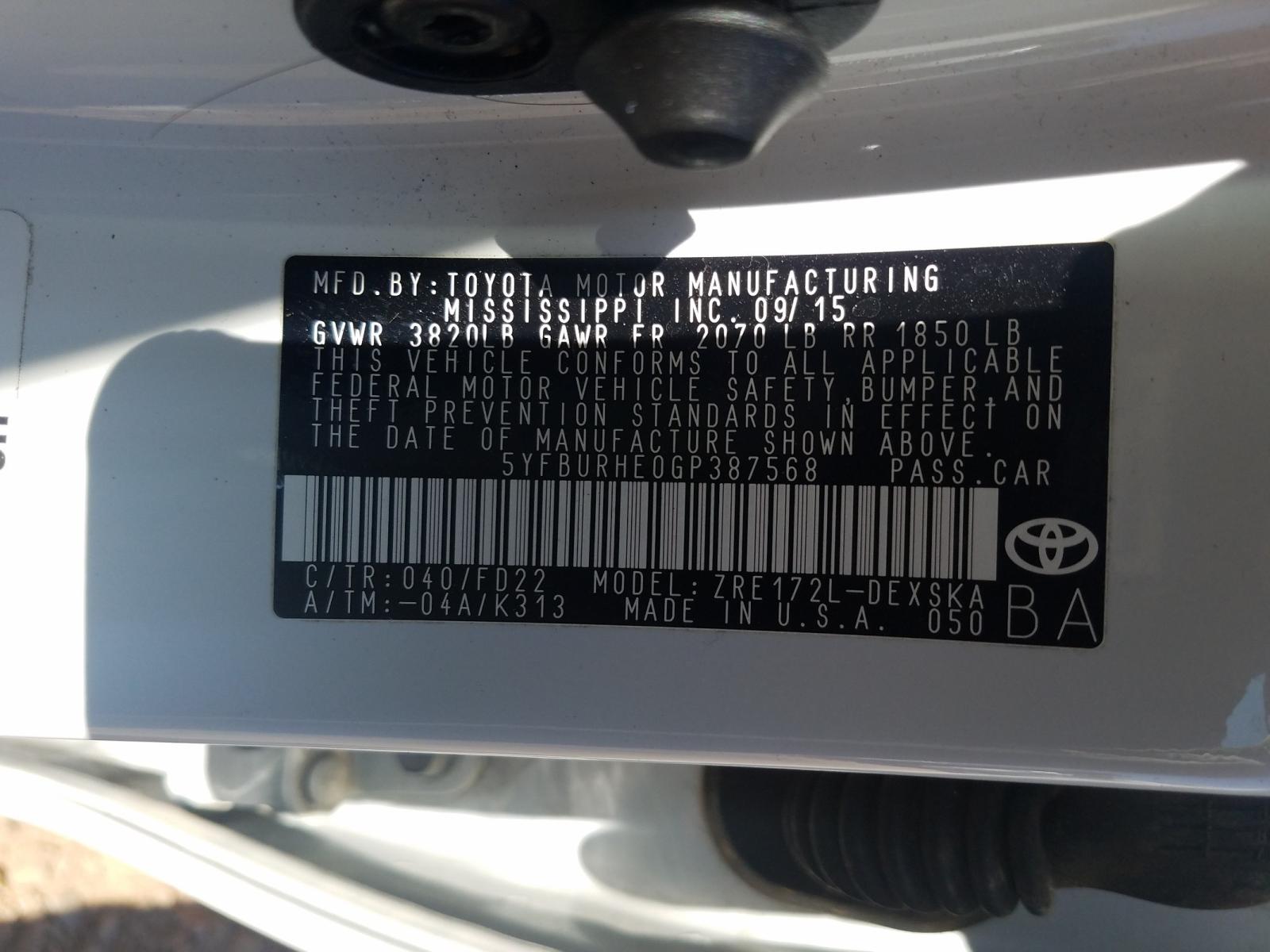 Photo 10 from auction – 2016 TOYOTA COROLLA L with VIN 5YFBURHE0GP387568