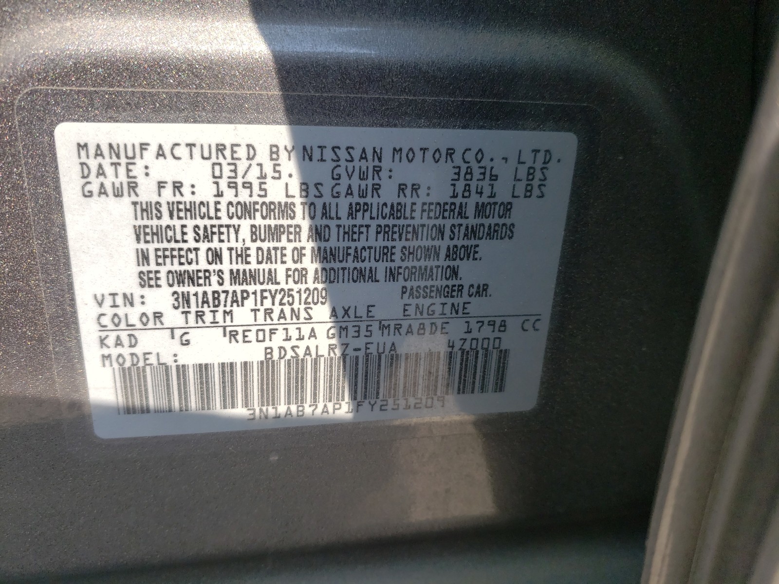 Photo 10 from auction – 2015 NISSAN SENTRA S with VIN 3N1AB7AP1FY251209
