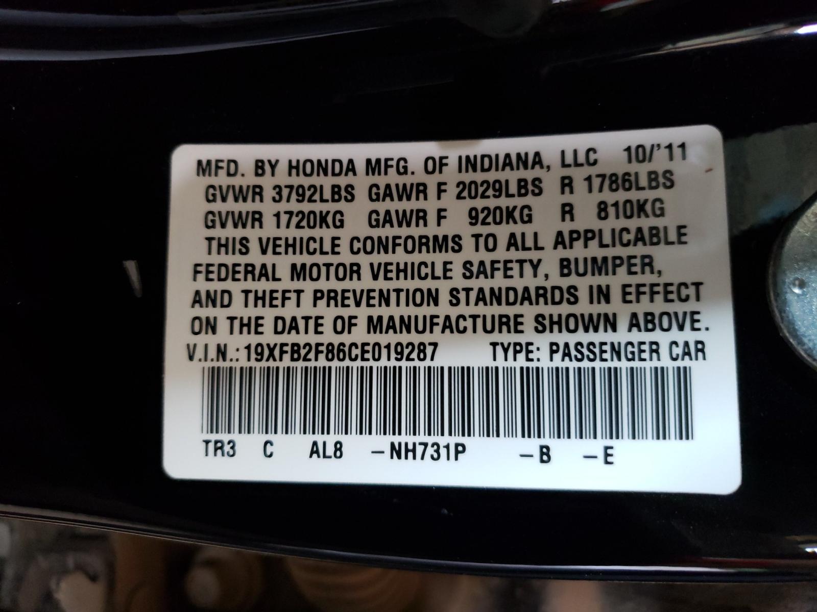 Photo 10 from auction – 2012 HONDA CIVIC EX with VIN 19XFB2F86CE019287