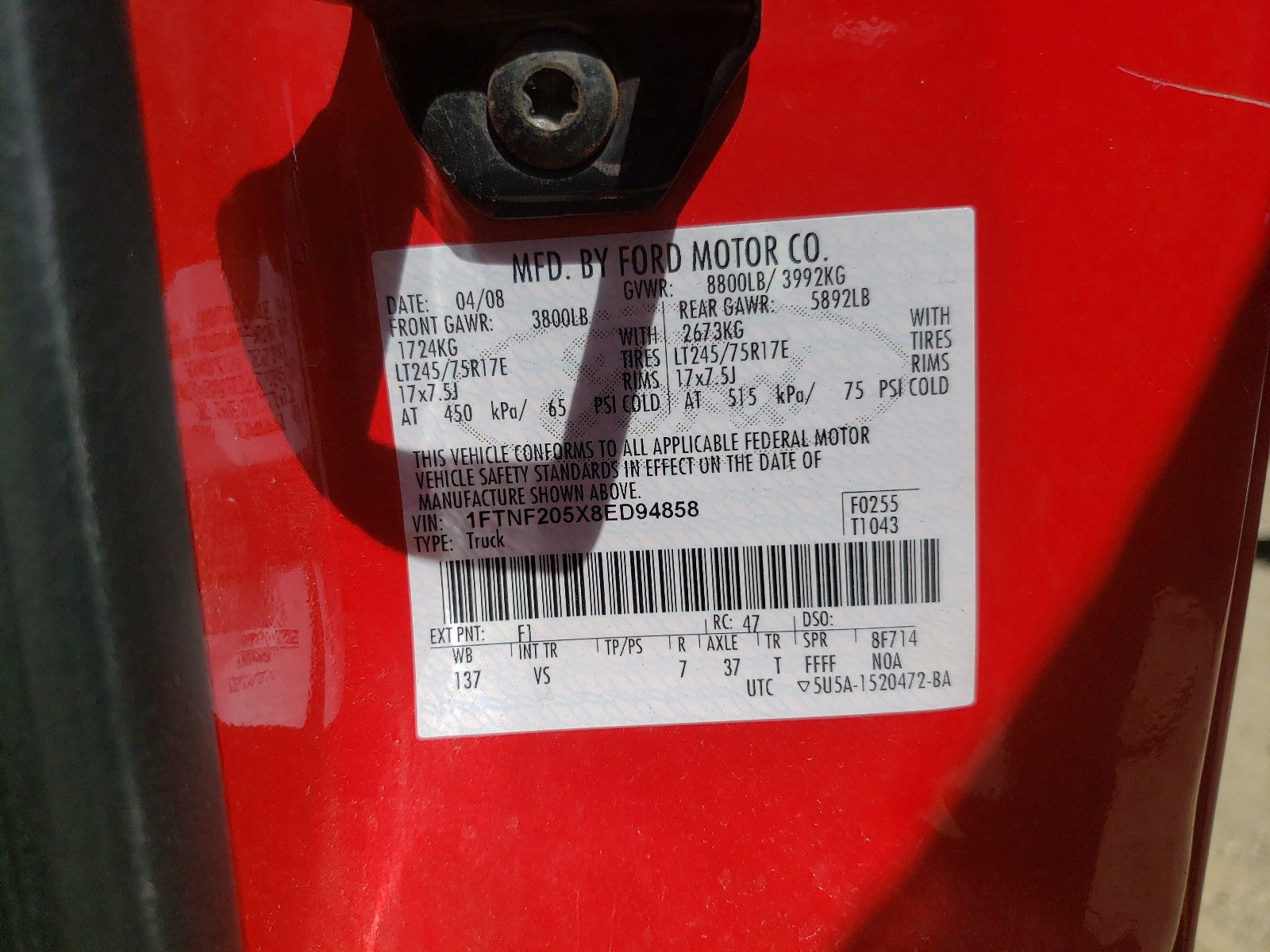 Photo 10 from auction – 2008 FORD F250 SUPER with VIN 1FTNF205X8ED94858
