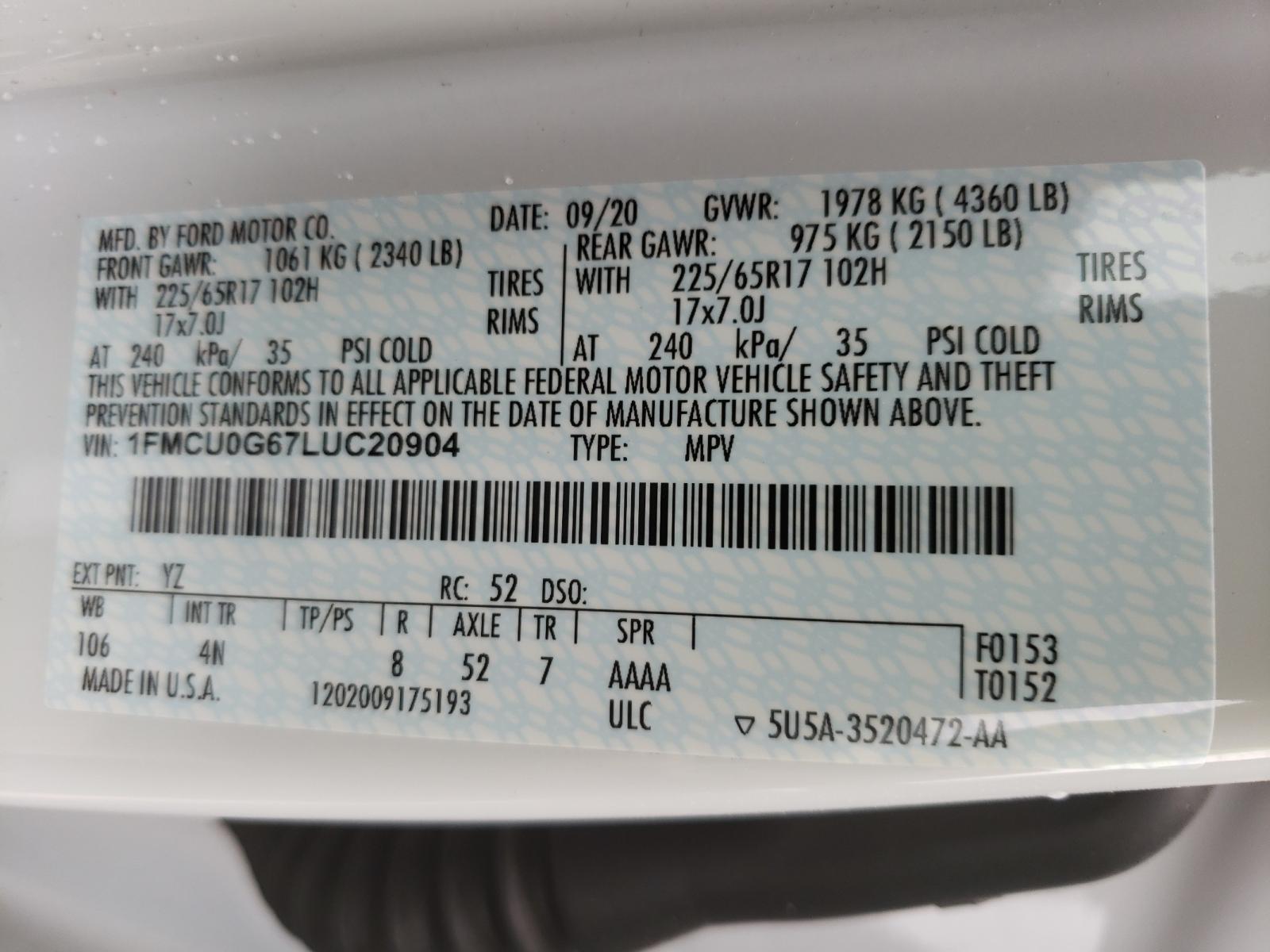 Photo 10 from auction – 2020 FORD ESCAPE SE with VIN 1FMCU0G67LUC20904