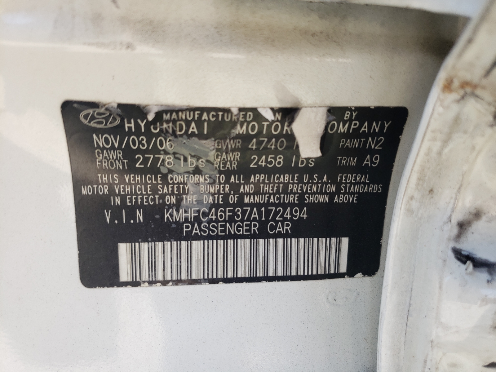 Photo 10 from auction – 2007 HYUNDAI AZERA SE with VIN KMHFC46F37A172494