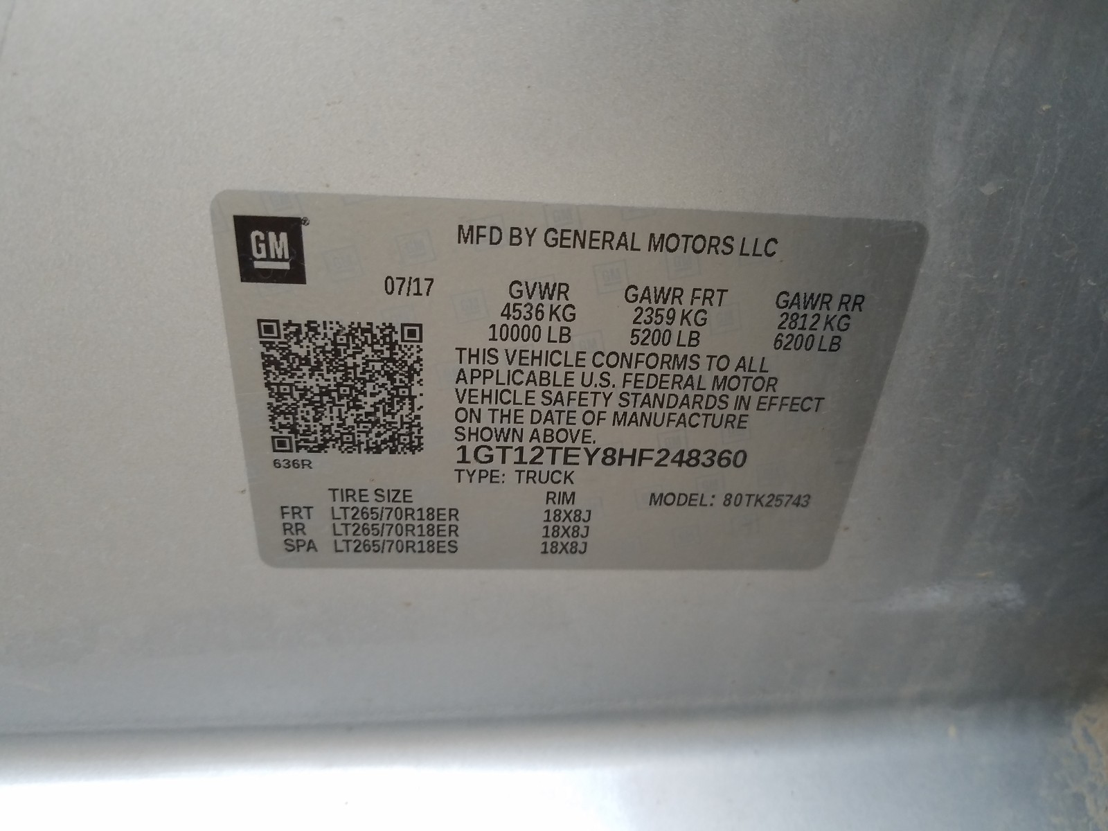Photo 10 from auction – 2017 GMC SIERRA K25 with VIN 1GT12TEY8HF248360