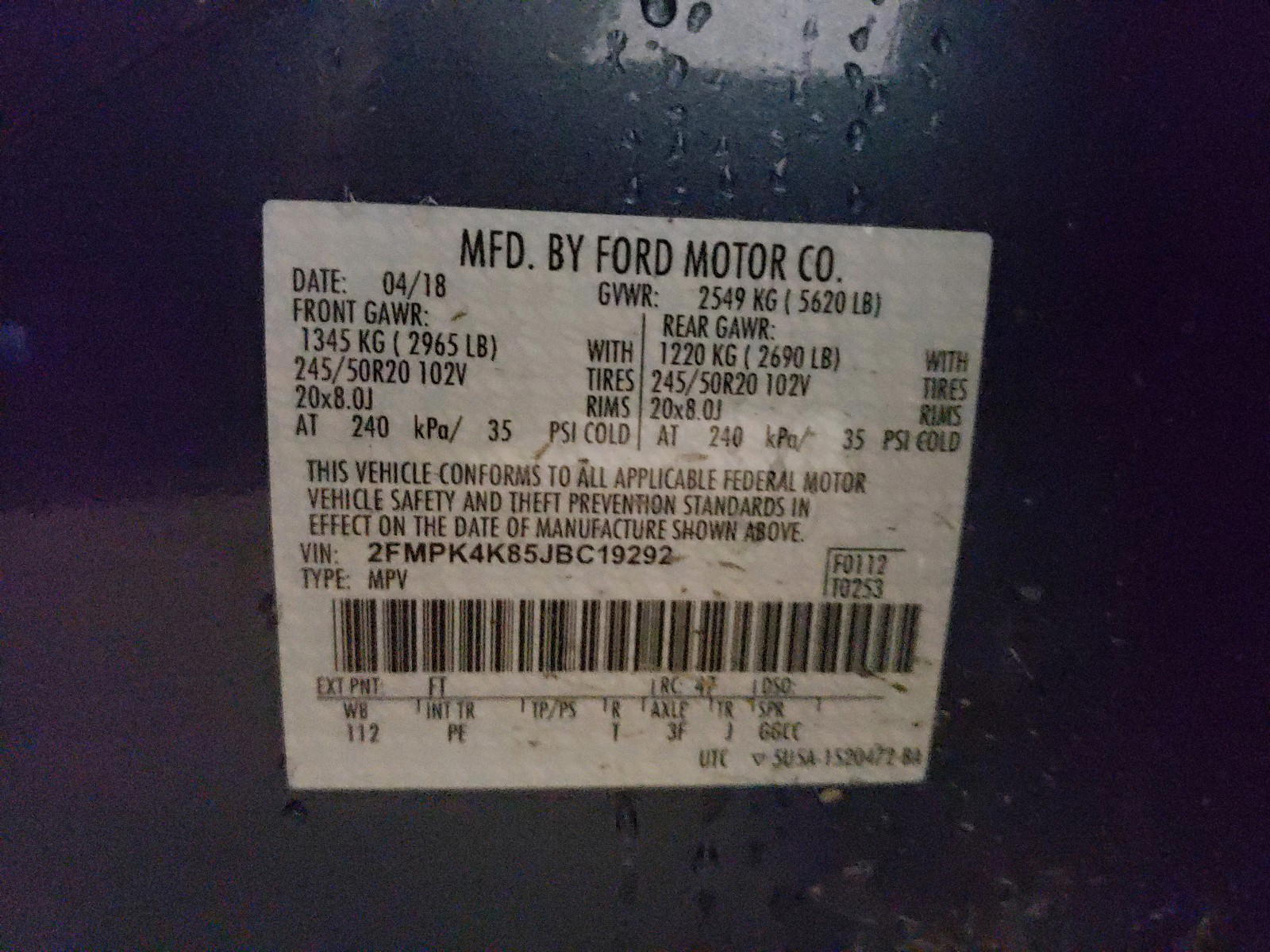 Photo 10 from auction – 2018 FORD EDGE TITAN with VIN 2FMPK4K85JBC19292