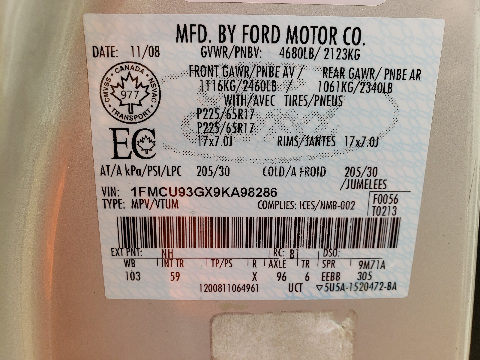 Photo 10 from auction – 2009 FORD ESCAPE XLT with VIN 1FMCU93GX9KA98286