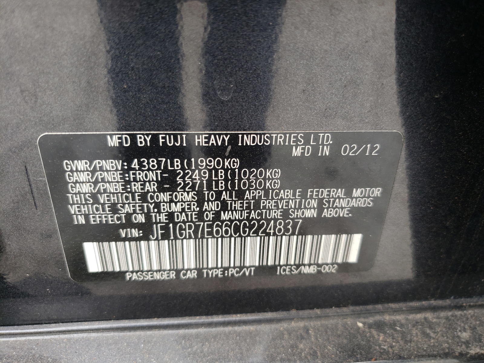 Photo 10 from auction – 2012 SUBARU IMPREZA WR with VIN JF1GR7E66CG224837