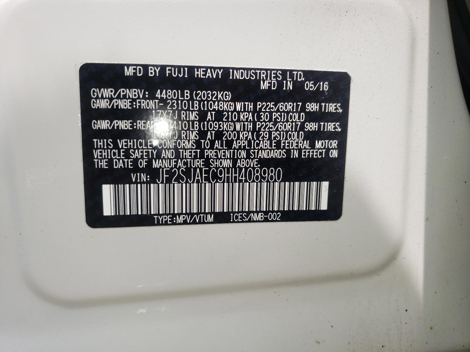 Photo 10 from auction – 2017 SUBARU FORESTER 2 with VIN JF2SJAEC9HH408980