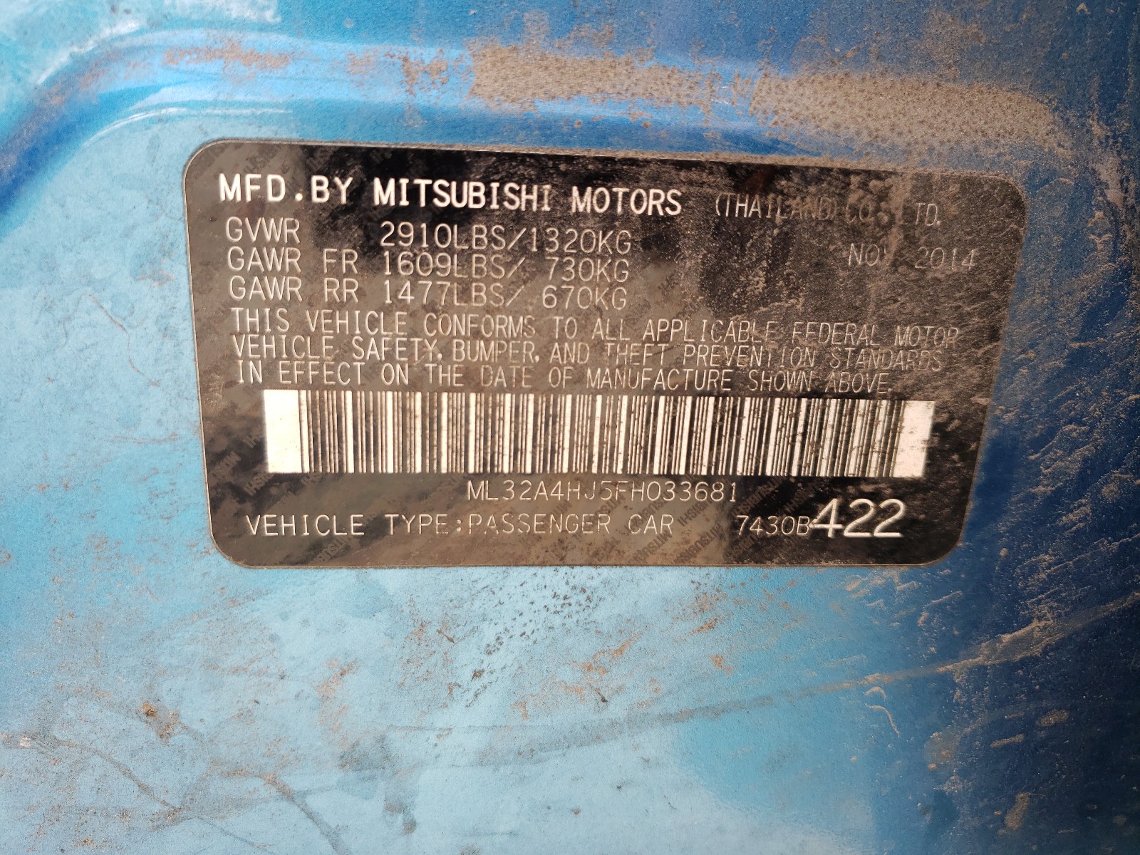 Photo 10 from auction – 2015 MITSUBISHI MIRAGE ES with VIN ML32A4HJ5FH033681