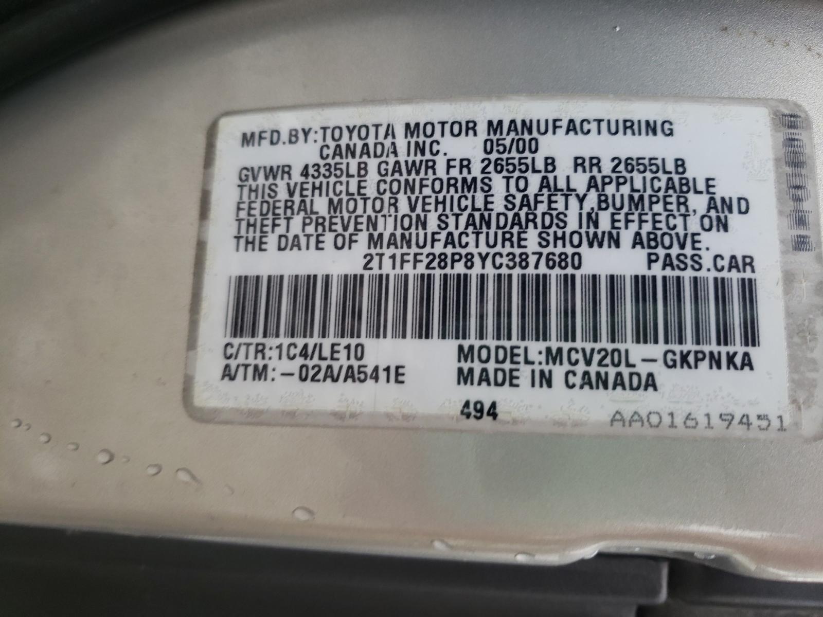 Photo 10 from auction – 2000 TOYOTA CAMRY SOLA with VIN 2T1FF28P8YC387680
