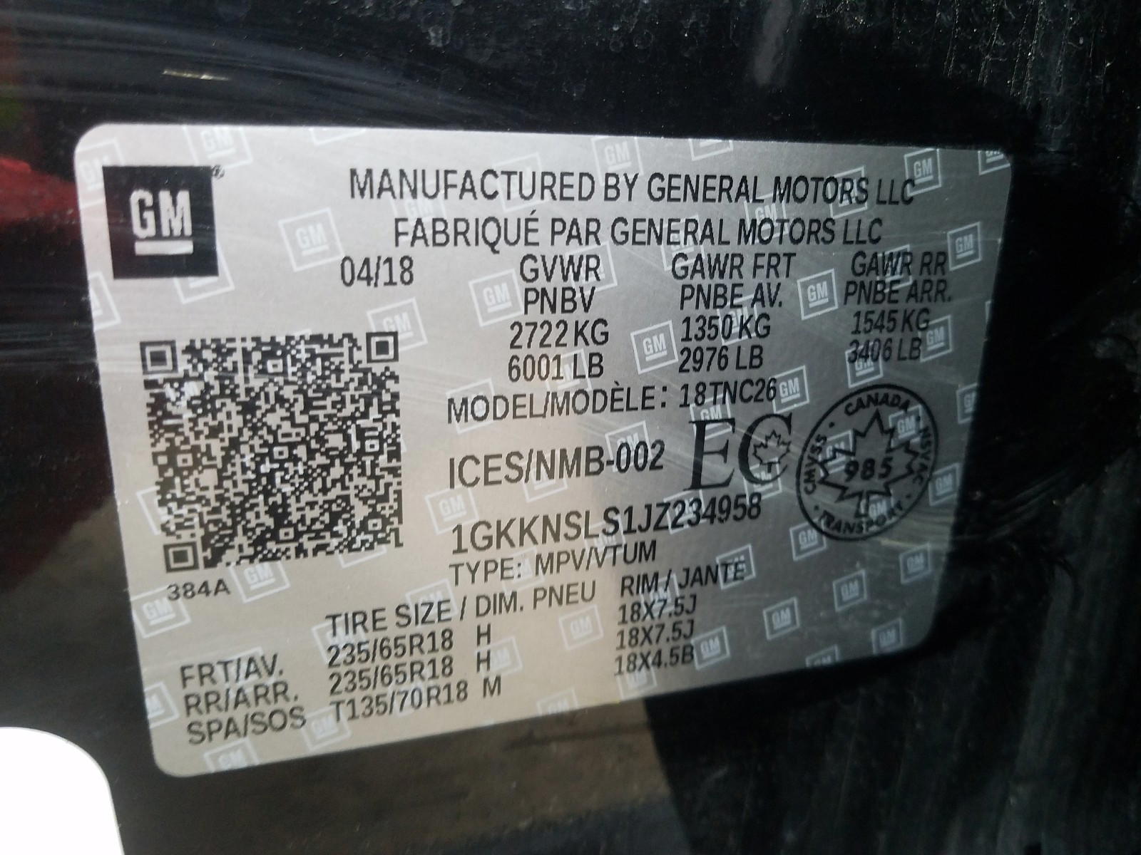 Photo 10 from auction – 2018 GMC ACADIA SLE with VIN 1GKKNSLS1JZ234958