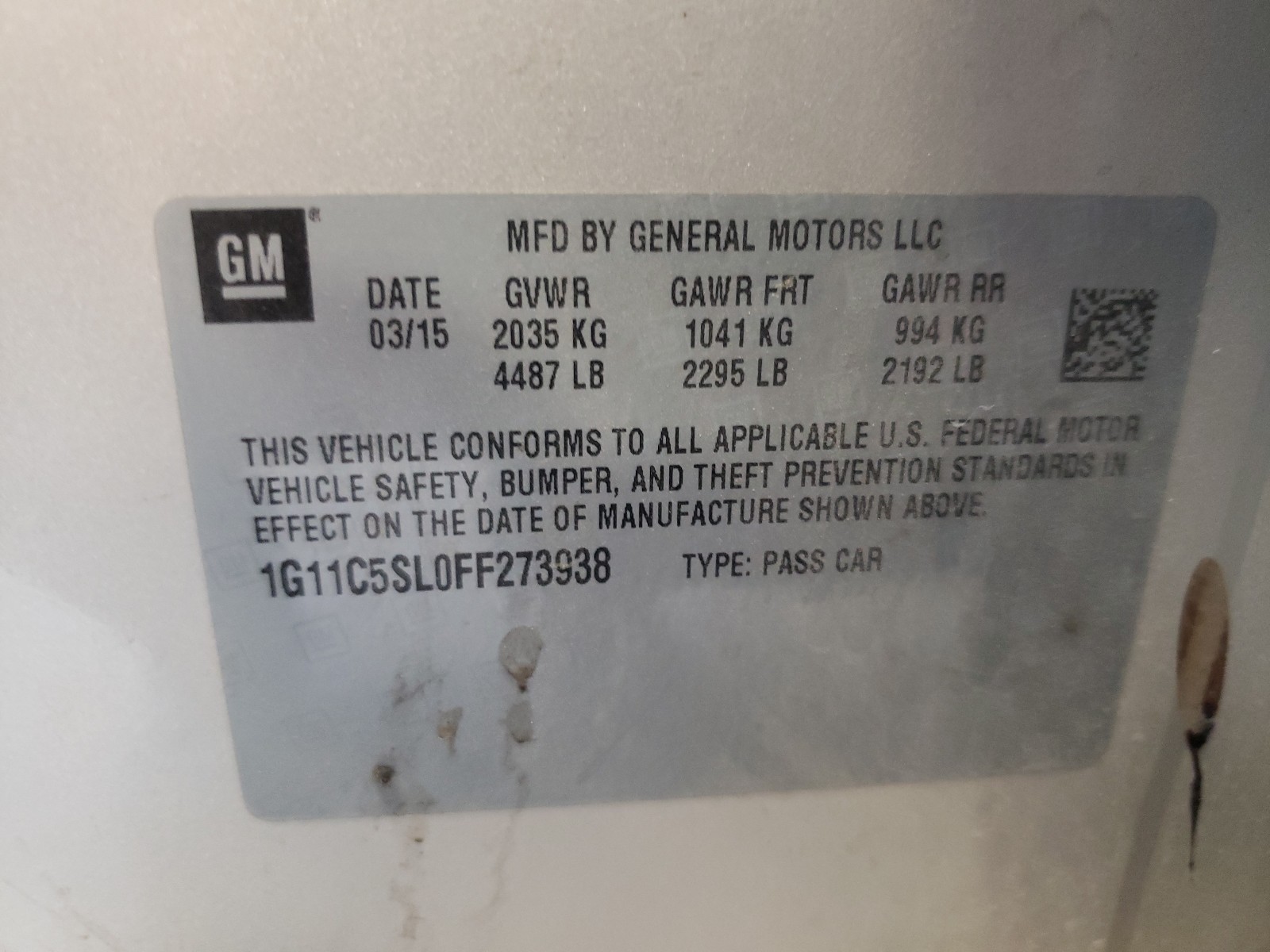 Photo 10 from auction – 2015 CHEVROLET MALIBU 1LT with VIN 1G11C5SL0FF273938