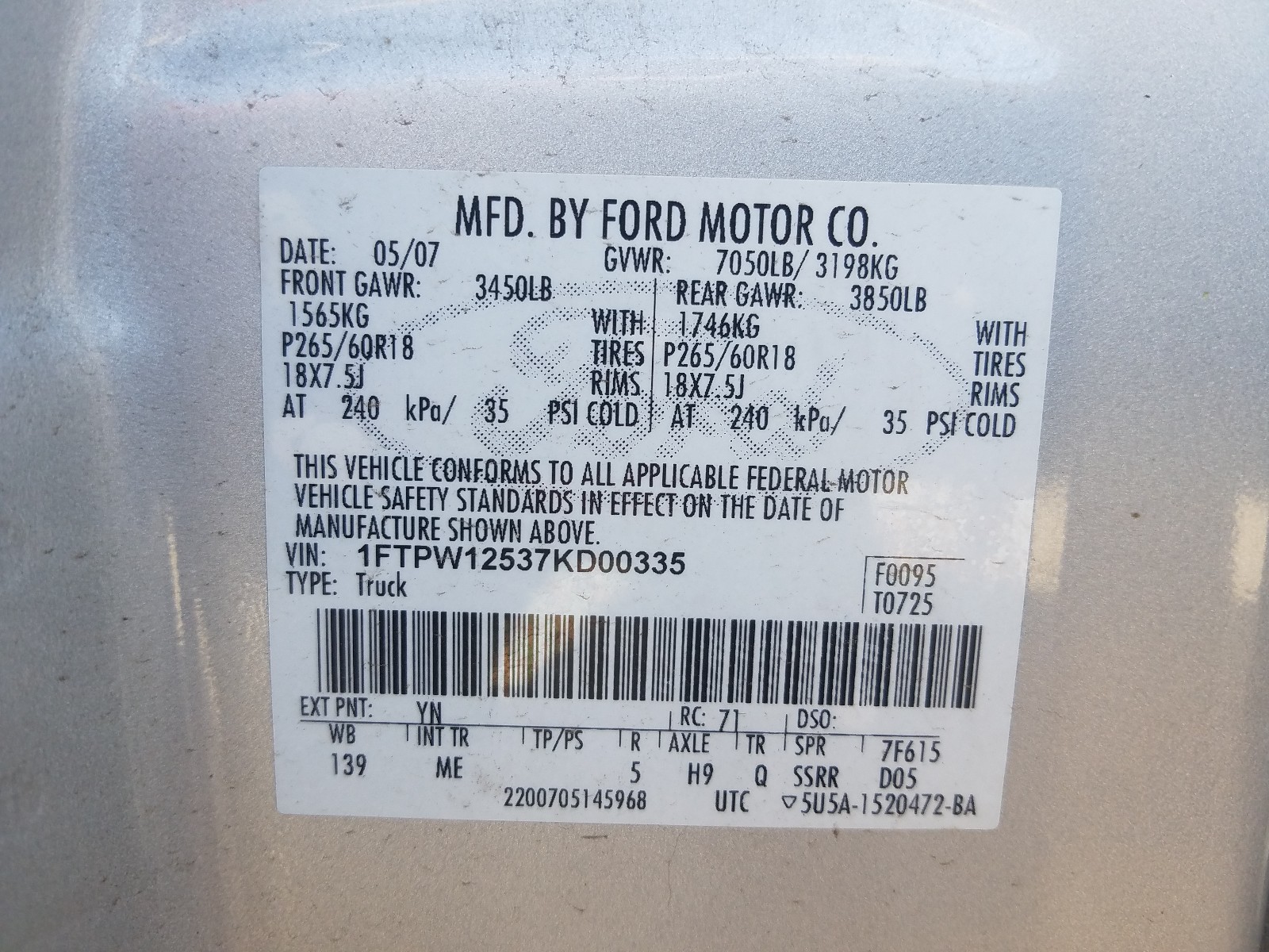 Photo 10 from auction – 2007 FORD F150 SUPER with VIN 1FTPW12537KD00335