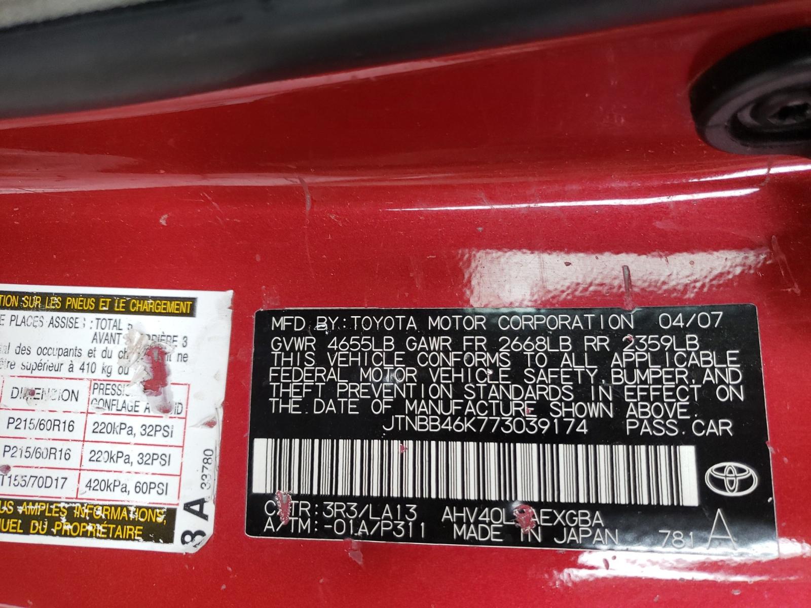 Photo 10 from auction – 2007 TOYOTA CAMRY HYBR with VIN JTNBB46K773039174