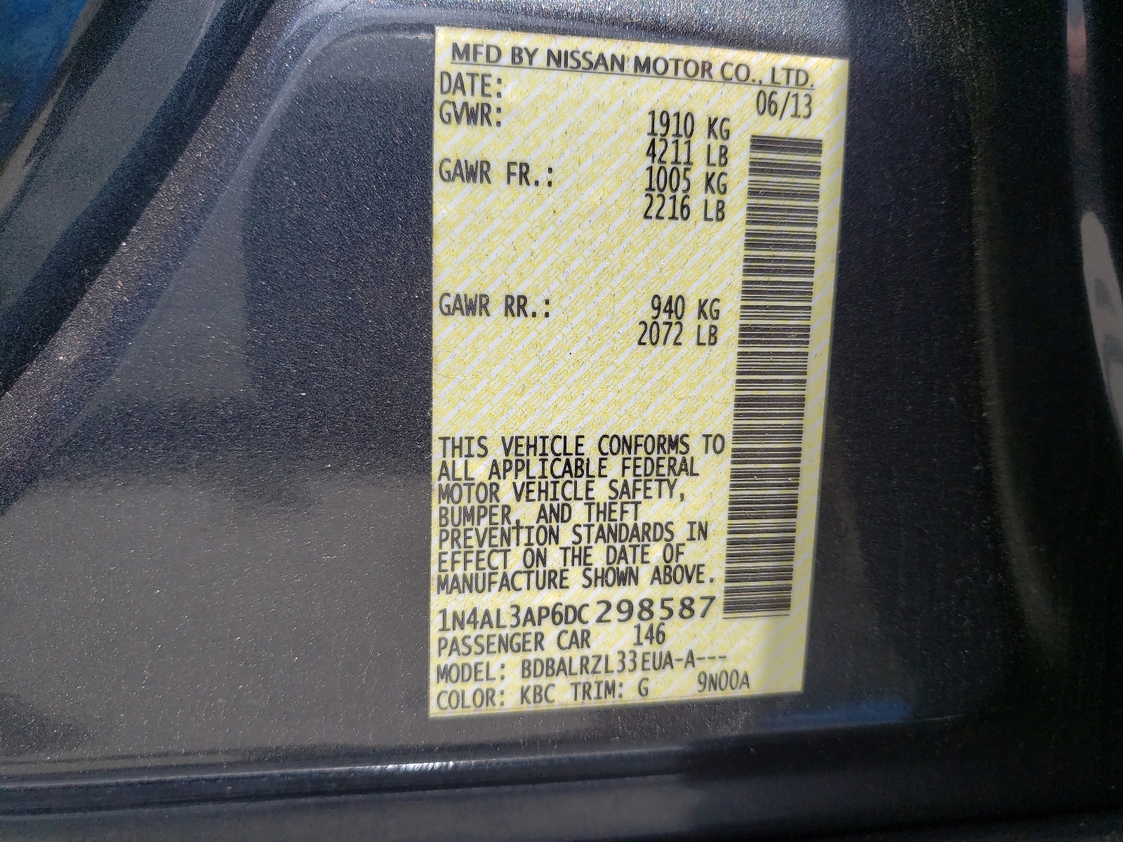 Photo 10 from auction – 2013 NISSAN ALTIMA 2.5 with VIN 1N4AL3AP6DC298587