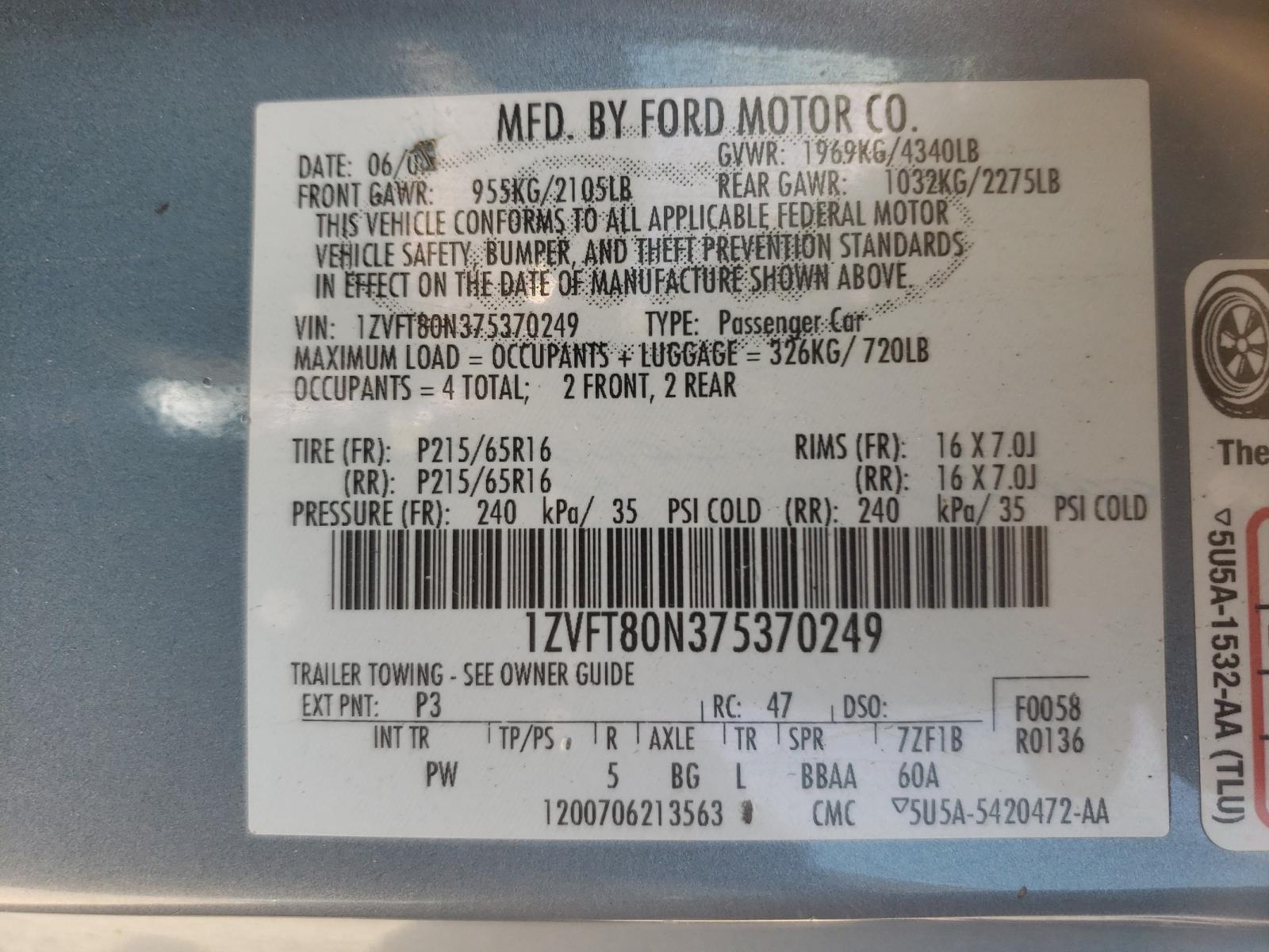 Photo 10 from auction – 2007 FORD MUSTANG with VIN 1ZVFT80N375370249