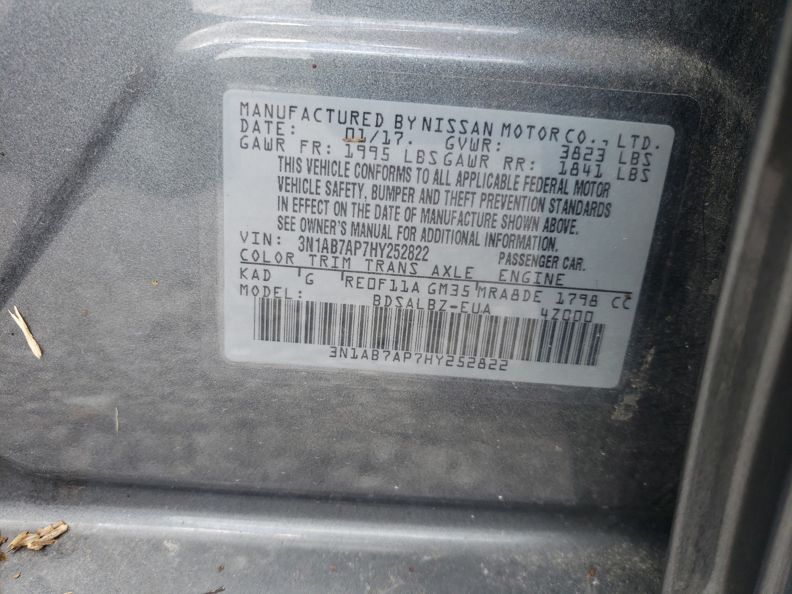 Photo 10 from auction – 2017 NISSAN SENTRA S with VIN 3N1AB7AP7HY252822