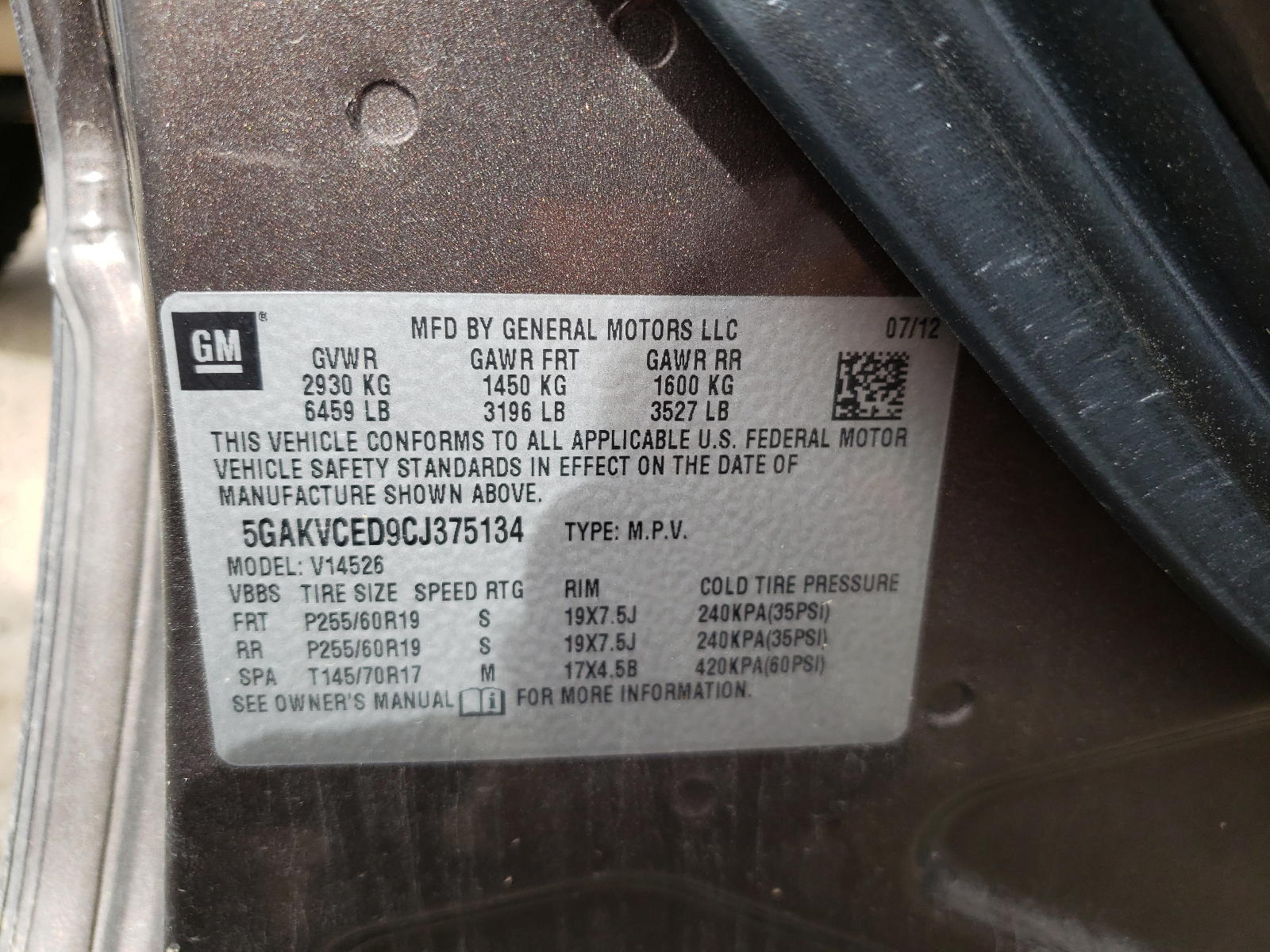 Photo 10 from auction – 2012 BUICK ENCLAVE with VIN 5GAKVCED9CJ375134