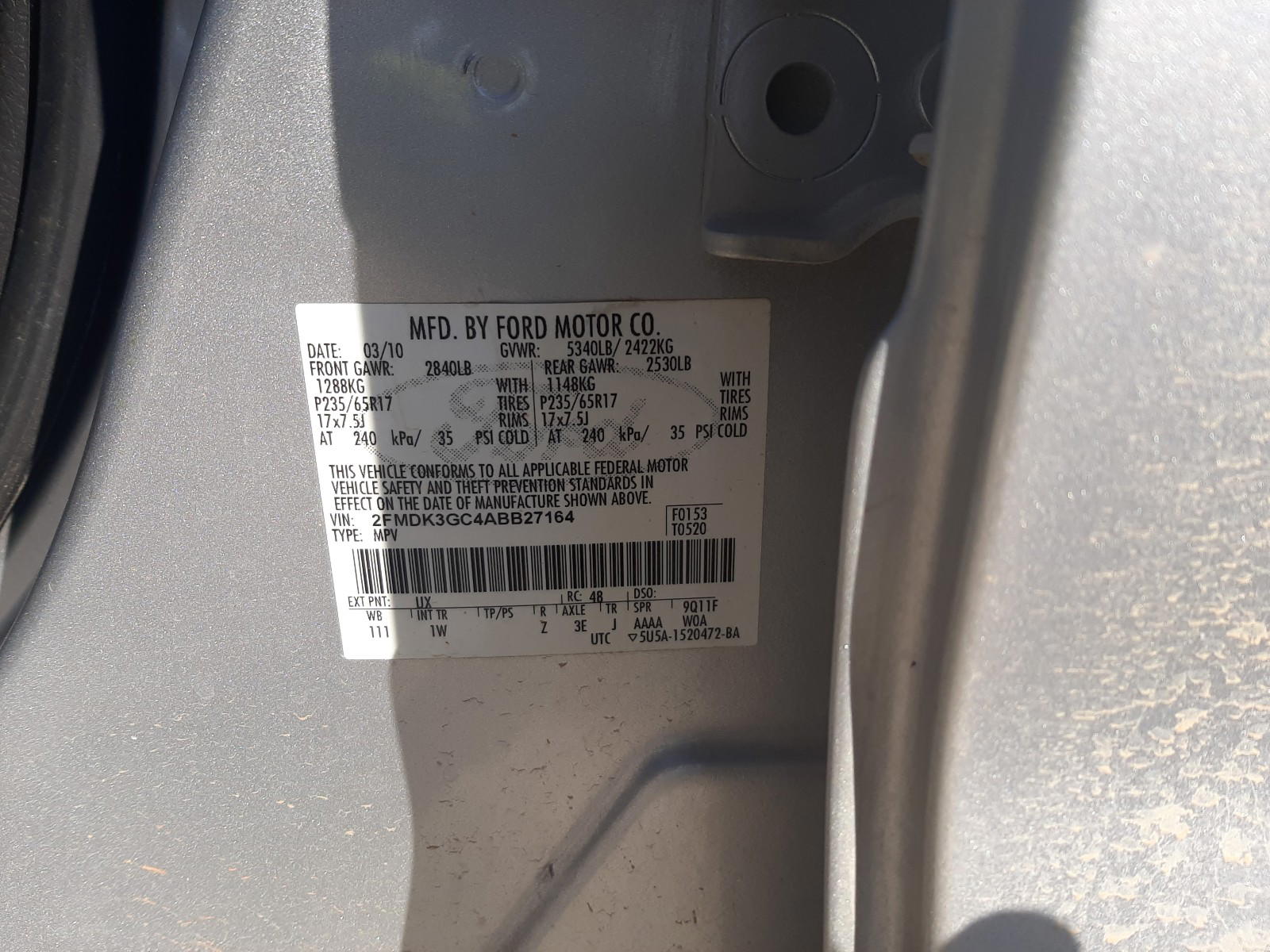 Photo 10 from auction – 2010 FORD EDGE SE with VIN 2FMDK3GC4ABB27164