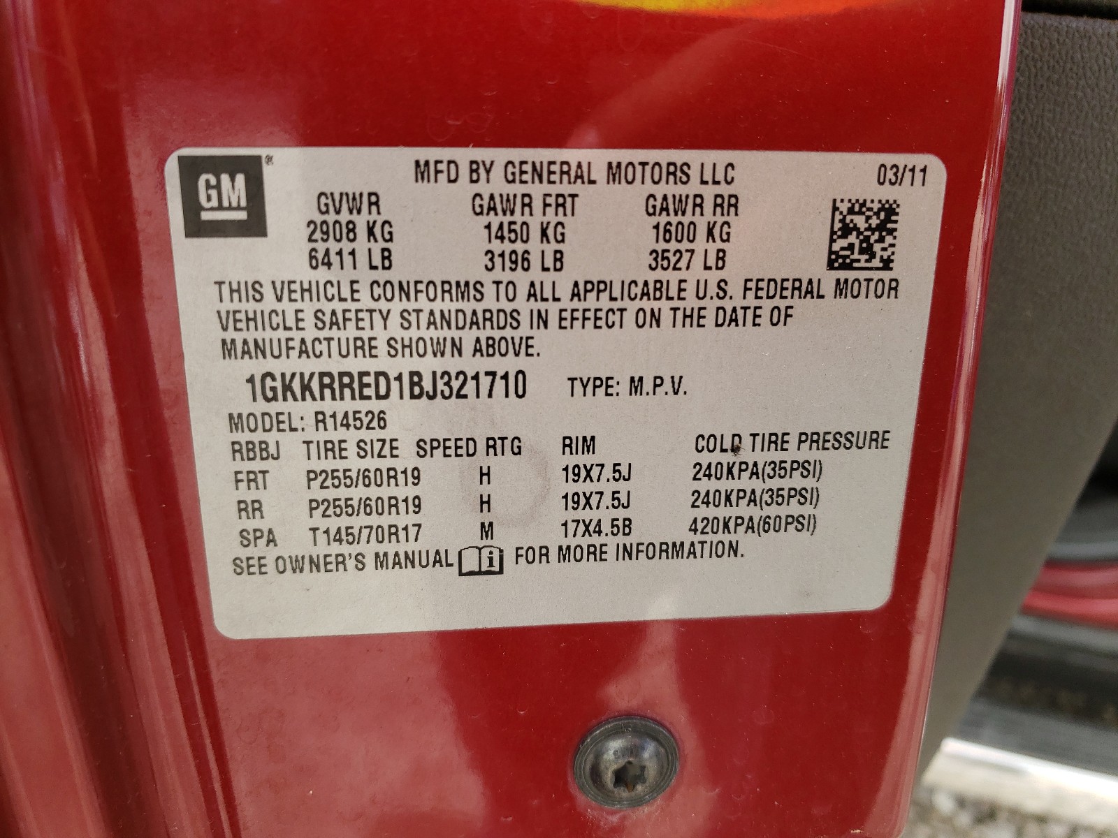 Photo 10 from auction – 2011 GMC ACADIA SLT with VIN 1GKKRRED1BJ321710